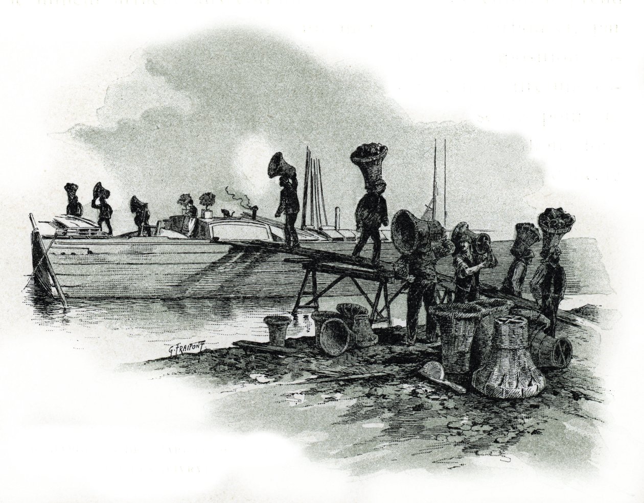 Charcoal unchargeurs aux forges d'Ivry-sur-Seine (Ivry sur Seine demirhanelerinde bitümlü kömürü (veya siyah kömürü) boşaltan liman işçileri) Gustave Fraipont'un (1849-1923) çizimi, Saint-Juirs'den alınmıştır. by Gustave Fraipont
