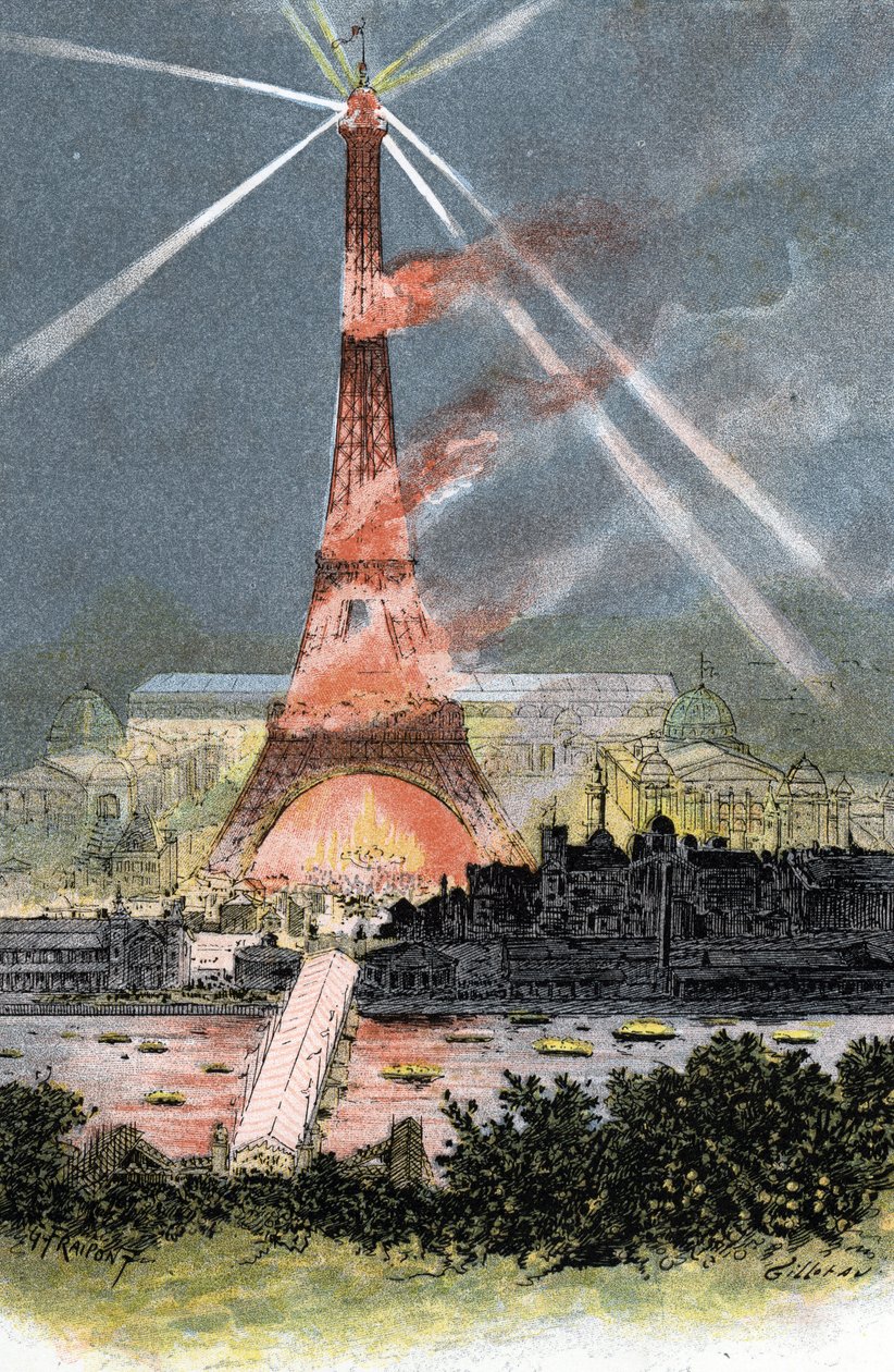 1889 Paris'teki dünya fuarında aydınlatılan Eyfel Kulesi Gustave Fraipont'un (1849-1923) çizimi, Saint-Juirs'in “La seine a travers Paris”inden alıntılar by Gustave Fraipont