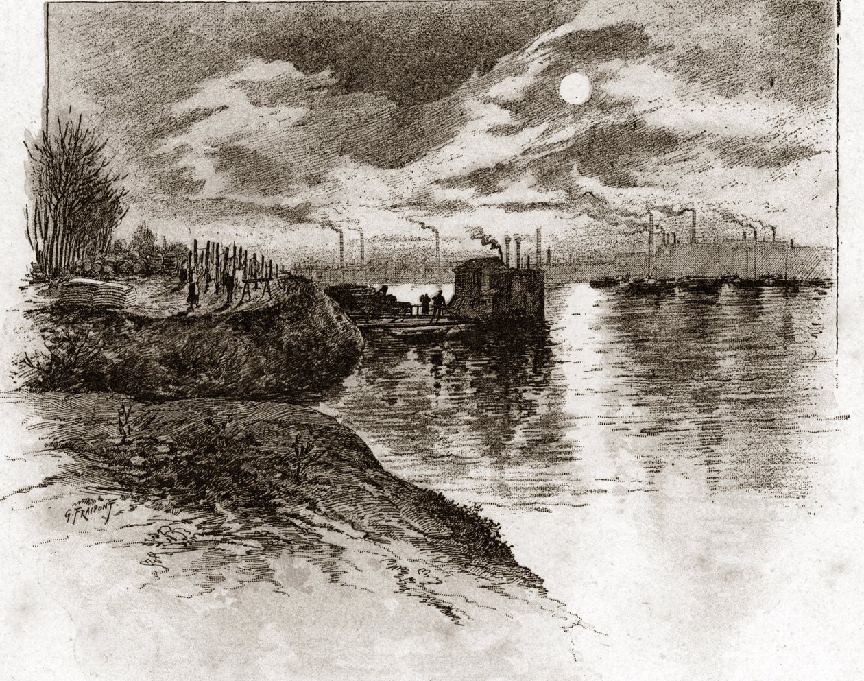 Exit de l'egout de Bercy a Paris (Seine nehrindeki kanalizasyon tünelinin çıkışı, Bercy, Paris) Gustave Fraipont'un (1849-1923) çizimi, Saint-Juirs'in “La seine a travers Paris”inden alınmıştır. by Gustave Fraipont