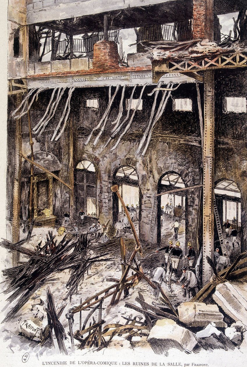 Fraipont tarafından yangının ardından opera comique de Paris odasının kalıntılarında çalışan itfaiyeciler by Gustave Fraipont