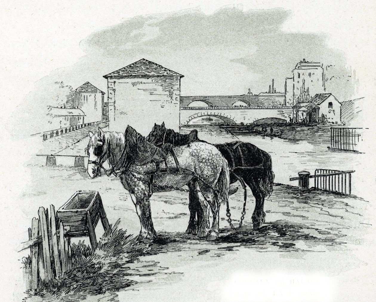 Nakliye atları, quai de la Gironde, Villette (canal saint-denis, quai de la gironde, Villette Paris'teki tekneleri çekmek için kullanılan atlar) Saint-Juirs'tan Gustave Fraipont (1849-1923) tarafından çizim by Gustave Fraipont