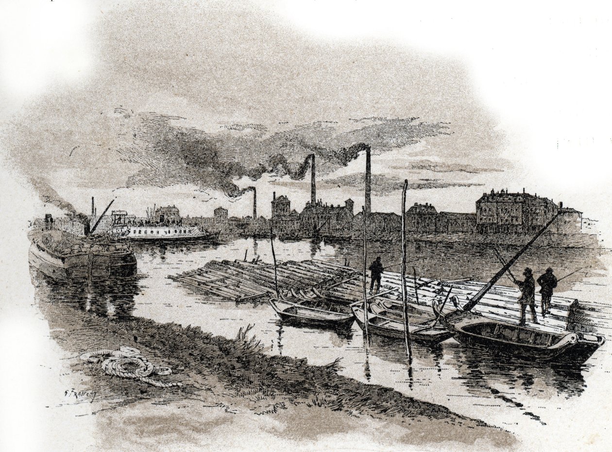 Ivry sur Seine, ahşap trenler (Seine nehri üzerinde kereste raftingi, Ivry-sur-Seine) Gustave Fraipont'un (1849-1923) çizimi, Saint-Juirs'in “La seine a travers Paris”inden alınmıştır. by Gustave Fraipont