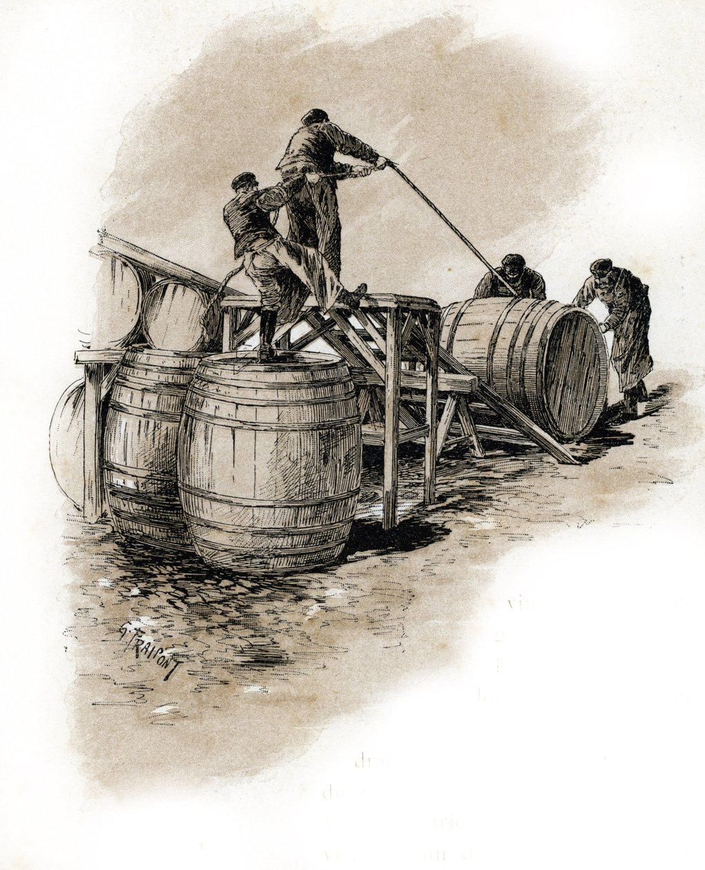 Le stacking des tonneaux de vin, Bercy Paris (Dockers staking the wine fıçıları, Bercy, Paris) Gustave Frainpont'un (1849-1923) çizimi, Saint-Juirs'in “La seine a travers Paris”inden alınmıştır. by Gustave Fraipont