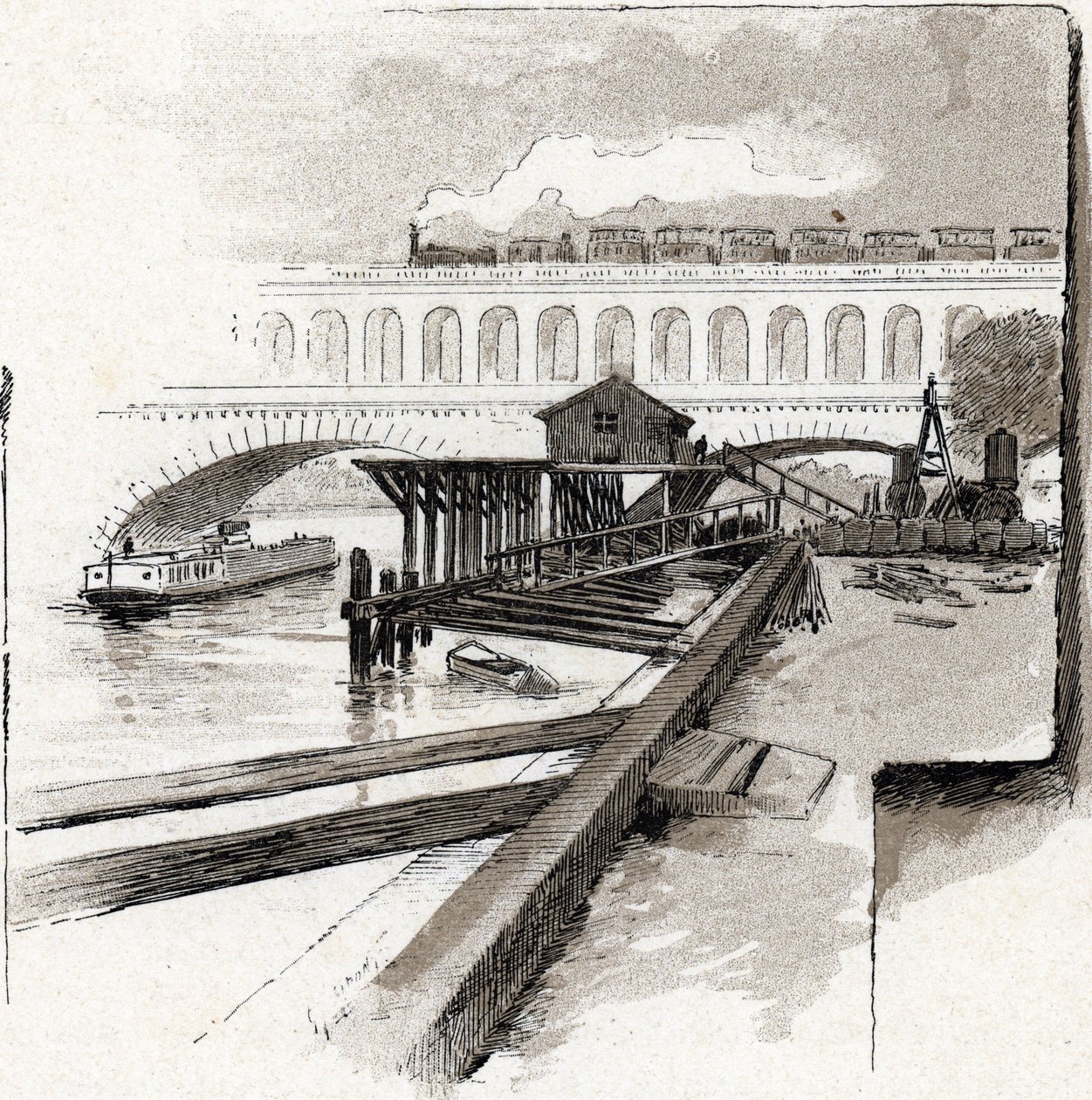 Le viyadük du point du Jour, Boulogne-Billancourt (Point du jour bölgesinin viyadük köprüsünün görünümü, Boulogne Billancourt) Çizim, Gustave Fraipont (1849-1923), Saint-Juirs'tan by Gustave Fraipont