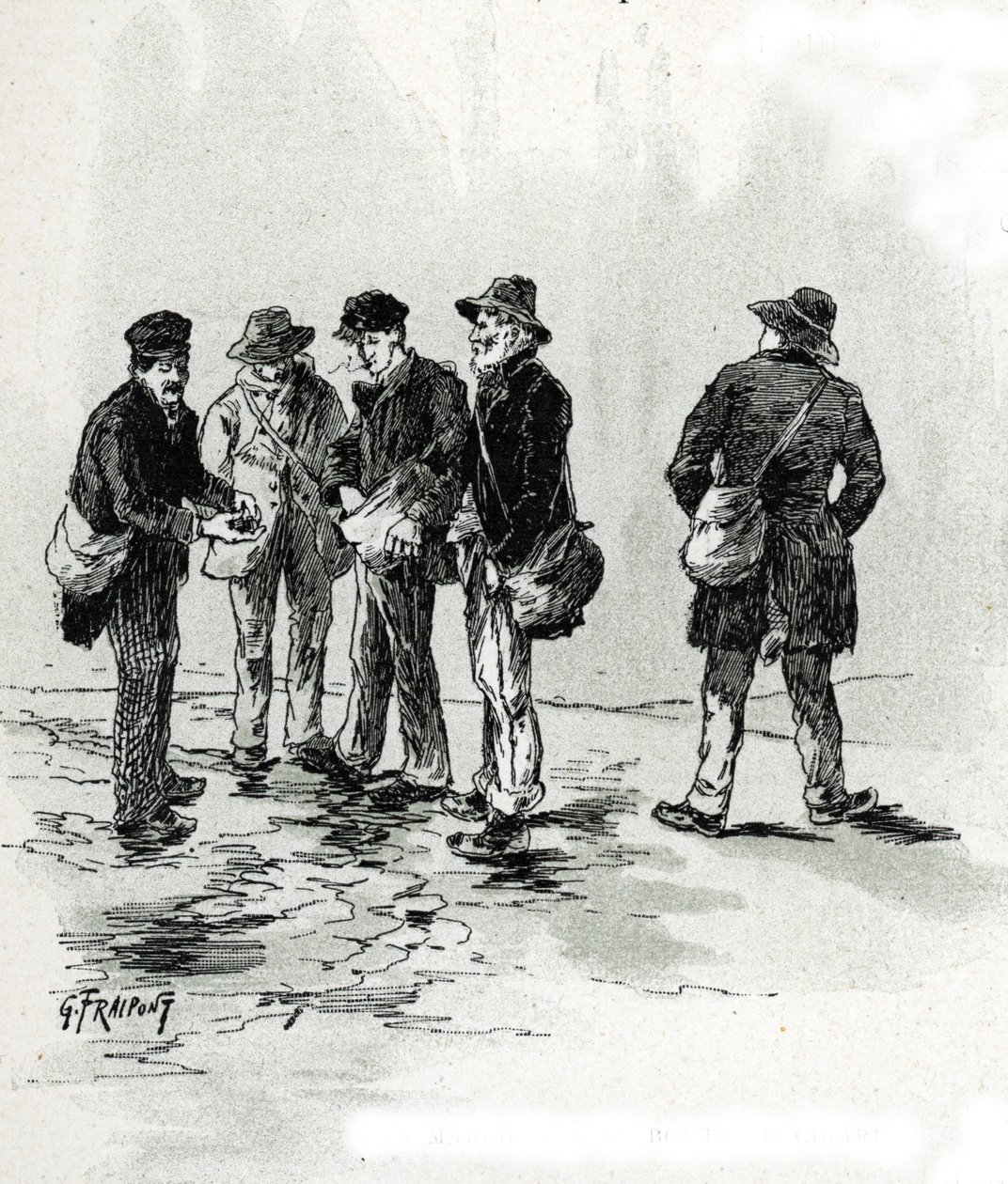 Sokak tacirleri puro ve sigara bahşişleri, Maubert bölgesi, Paris Gustave Fraipont'un çizimi (1849-1923), Saint-Juirs'in “La seine a travers Paris”inden alıntılar by Gustave Fraipont