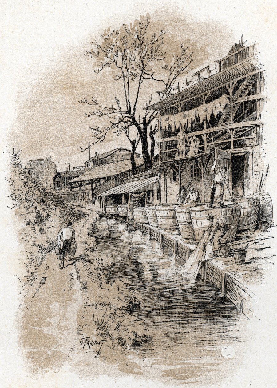 Paris'te Bievre kıyısındaki Pete Gentilly semtindeki rue du pot-au-lait'teki megisseries (Pete Gentilly semtindeki Bievre nehri ve deri tawing (tawering) tezgahlarının görünümü, Paris) Gustave Fraipont'un çizimi ( 1849) -1923) Sain'den by Gustave Fraipont