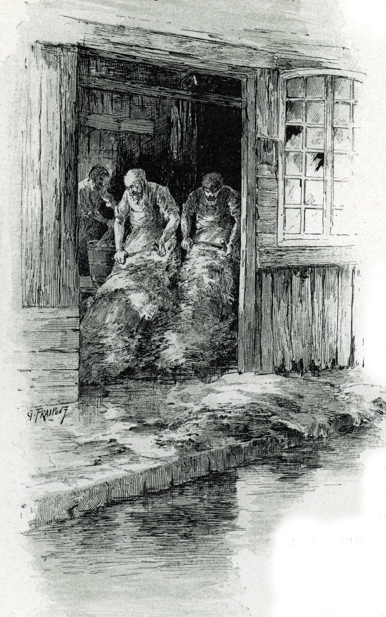 Paris'teki Megissiers de la rue des gobelins (Rue des Gobelins'de deri ve hayvan derileri işleyen tabakçılar, Paris) Gustave Frainpont'un (1849-1923) çizimi, Saint-Juirs'in “La seine a travers Paris”inden alınmıştır. by Gustave Fraipont