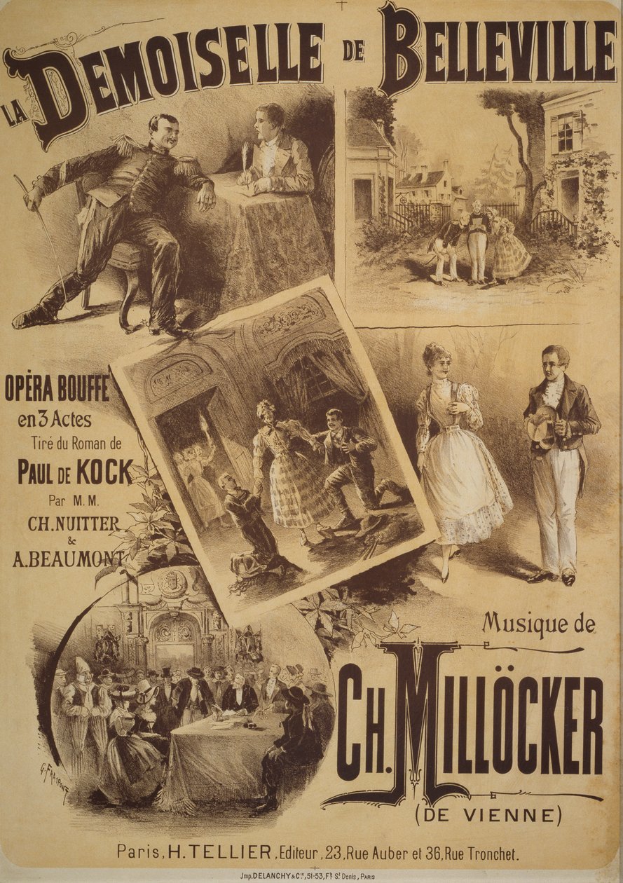 La Demoiselle de Belleville posteri, komik opera, libretto Charles Nuitter ve Alexandre Beaumont, müzik Karl Millocker, Drawing by Gustave Fraipont, Tellier yayıncılık, Paris by Gustave Fraipont