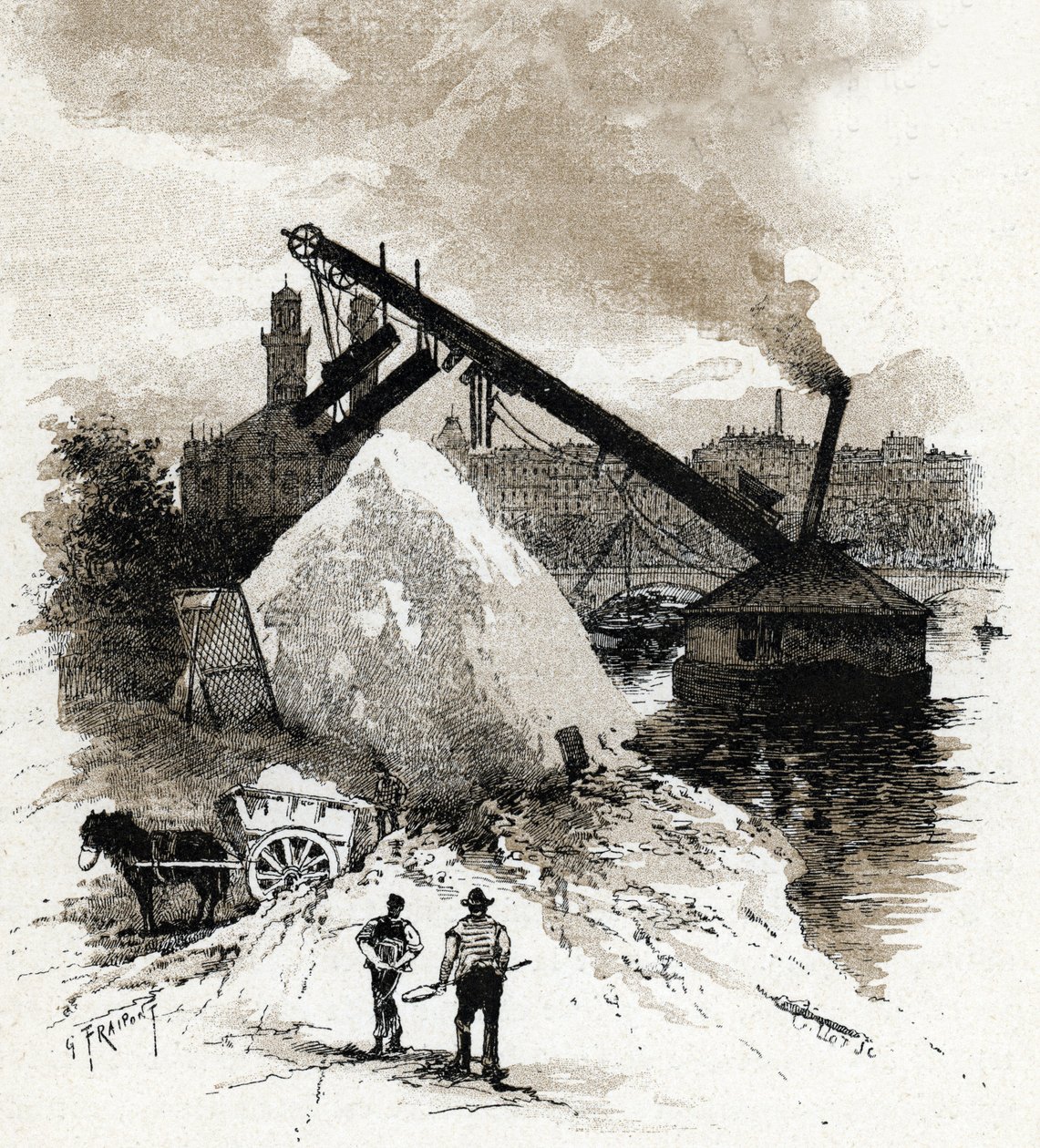 Paris pont de l'Alma yakınlarındaki Seine nehri kıyısındaki kum sınıflandırıcıları Gustave Fraipont'un çizimi (1849-1923), Saint-Juirs'in “La seine a travers Paris”inden alıntı by Gustave Fraipont