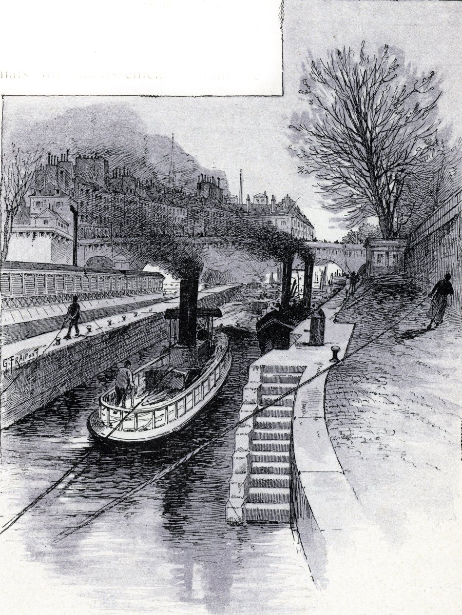 Hotel des Monnaie'nin önünde Seine nehri üzerindeki kilidin römorkörleri, Paris Saint-Juirs'tan Gustave Fraipont'un (1849-1923) çizimi by Gustave Fraipont