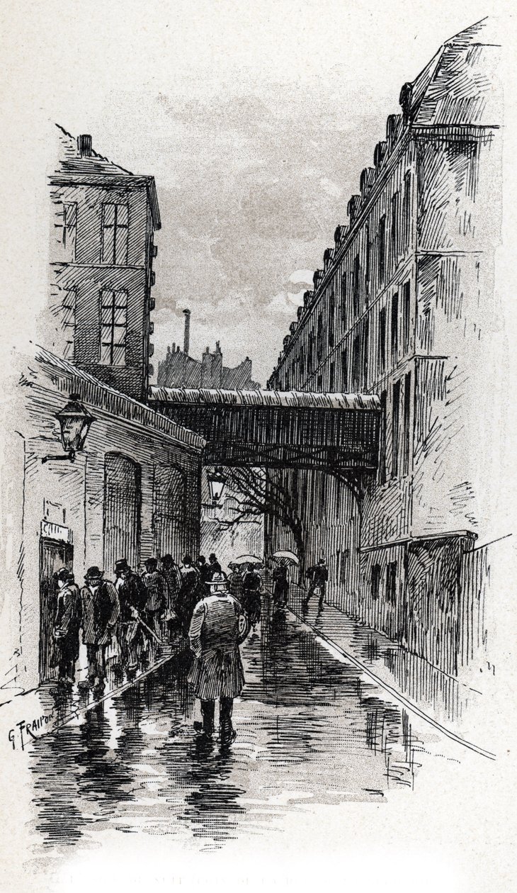 Paris'in Maubert semtindeki rue de la Bucherie'deki bir pansiyonun (doss-house veya dosshouse) görünümü Saint-Juirs'tan Gustave Fraipont'un (1849-1923) çizimi by Gustave Fraipont