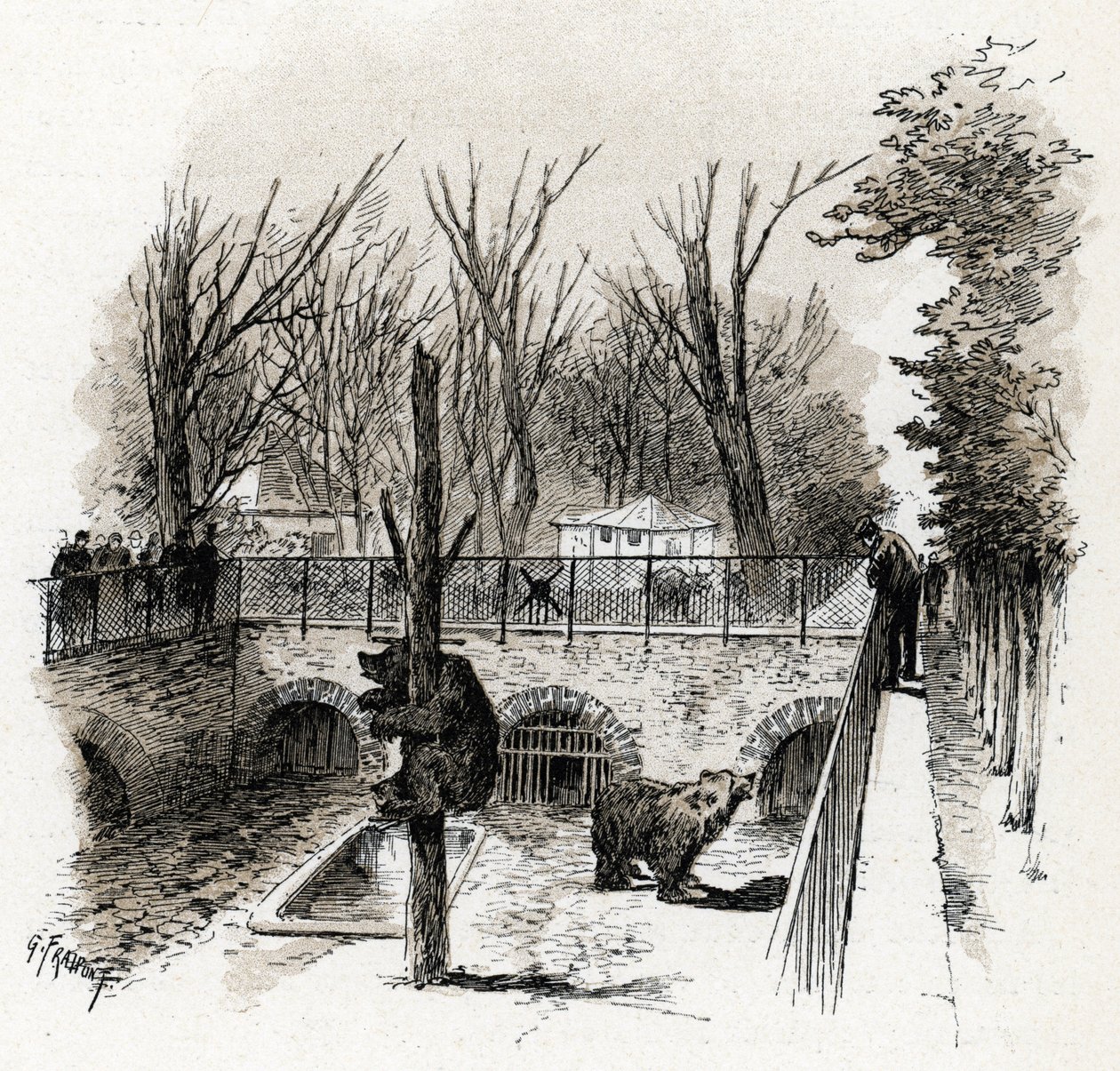 Zoo du Jardin des Plantes, Paris'teki Ayı Çukuru'nun görünümü Gustave Fraipont'un (1849-1923) çizimi, Saint-Juirs'in “La seine a travers Paris”inden alıntılar by Gustave Fraipont