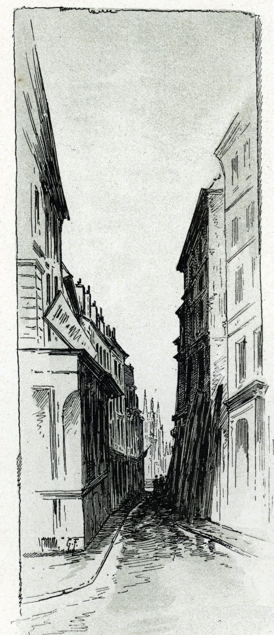 Paris'teki Maubert meydanı yakınlarındaki Hotel Colbert caddesinin görünümü Saint-Juirs'tan Gustave Fraipont'un (1849-1923) çizimi by Gustave Fraipont