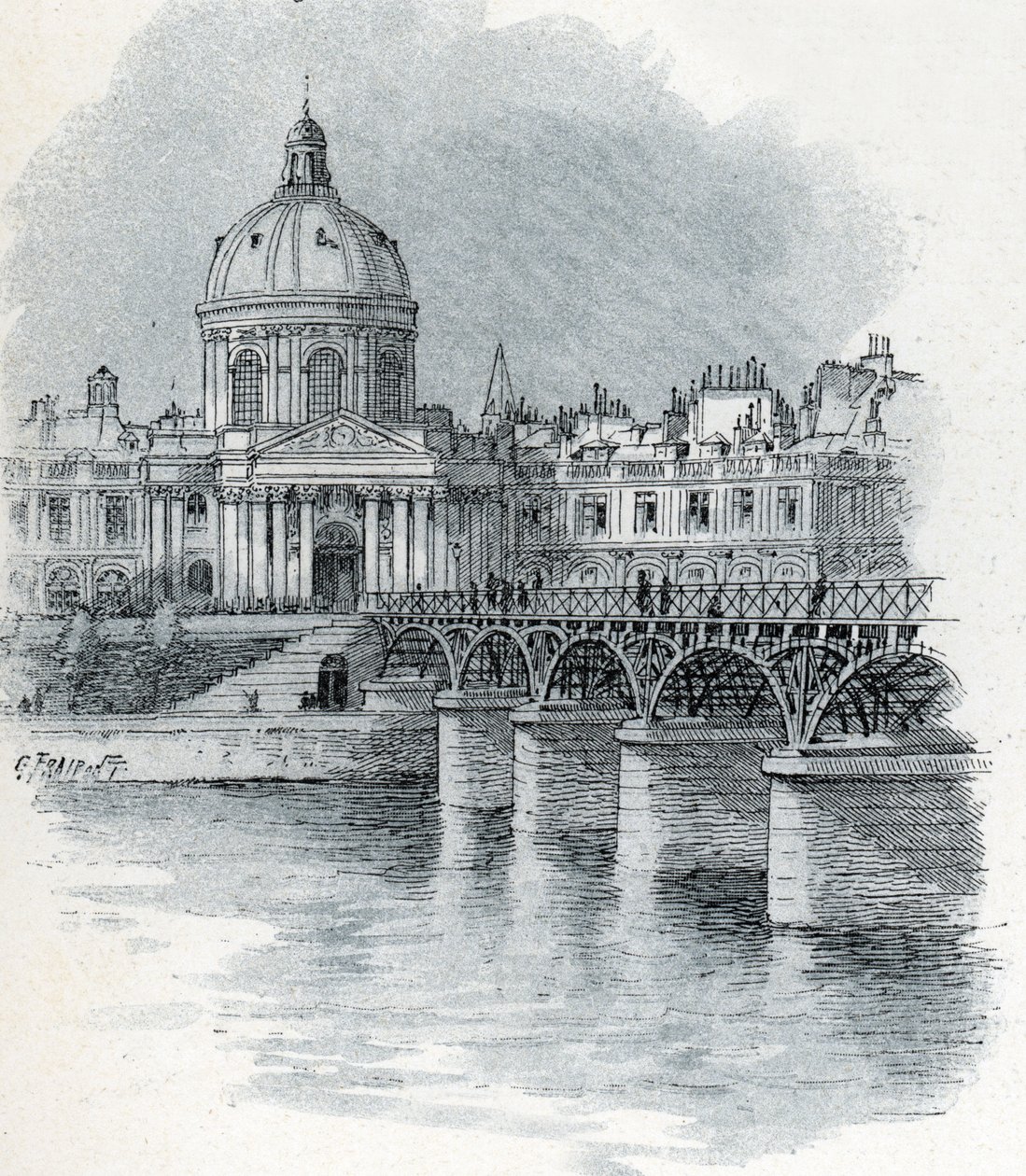 Institut de France ve Paris'teki Pont des arts köprüsünün görünümü Gustave Fraipont'un (1849-1923) çizimi, Saint-Juirs'in “La seine a travers Paris” adlı eserinden alınmıştır. by Gustave Fraipont