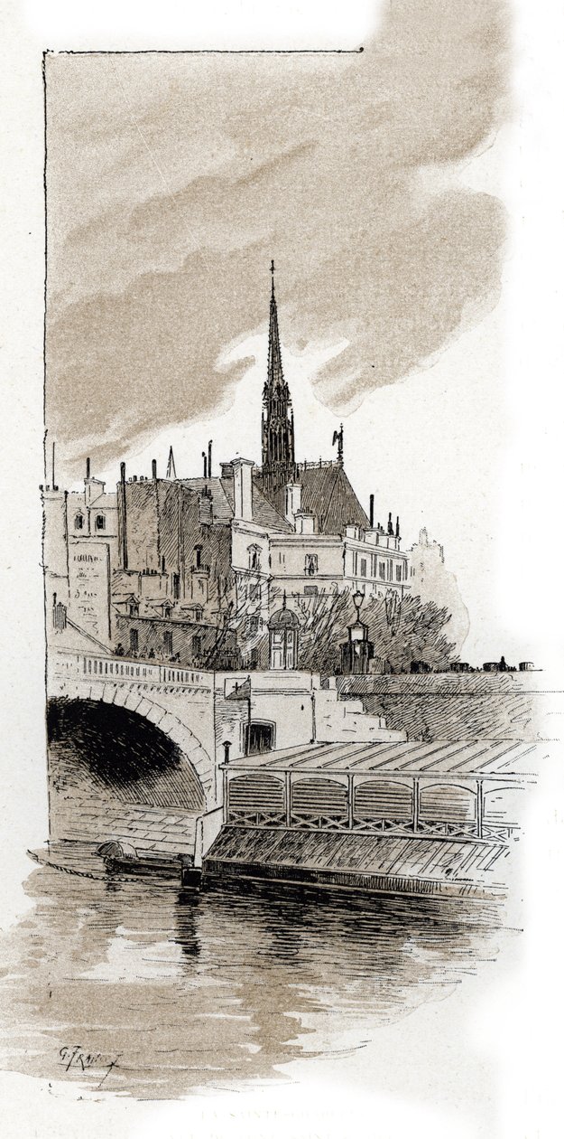Paris, St Michel Köprüsü'nden Sainte Şapeli'nin görünümü (St Michel köprüsünden Sainte-Chapelle'in görünümü, Paris) Gustave Fraipont'un (1849-1923) çizimi, Saint-Juirs'in “La seine a travers Paris”inden alınmıştır. by Gustave Fraipont