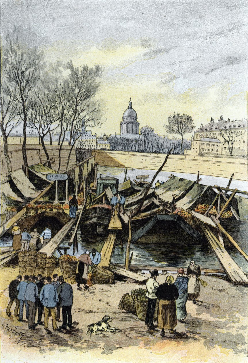 Hotel de Ville, Paris yakınlarındaki Seine nehri üzerindeki mavnalardaki elma pazarının görünümü Saint-Juirs'tan Gustave Fraipont'un (1849-1923) çizimi by Gustave Fraipont