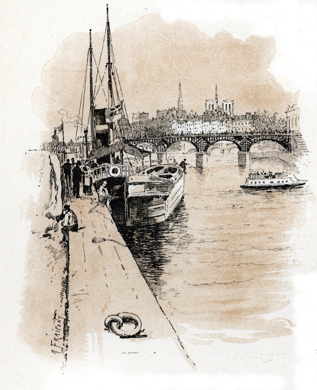 Tekneleri Paris ve Londra'yı birbirine bağlayan Seine et Thames şirketinin görünümü Gustave Fraipont'un (1849-1923) çizimi, Saint-Juirs'in “La seine a travers Paris”inden çiziyor by Gustave Fraipont