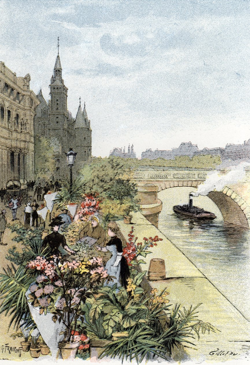 Çiçek pazarının görünümü, Ile de la Cite, Paris Saint-Juirs'tan Gustave Fraipont'un (1849-1923) çizimi by Gustave Fraipont