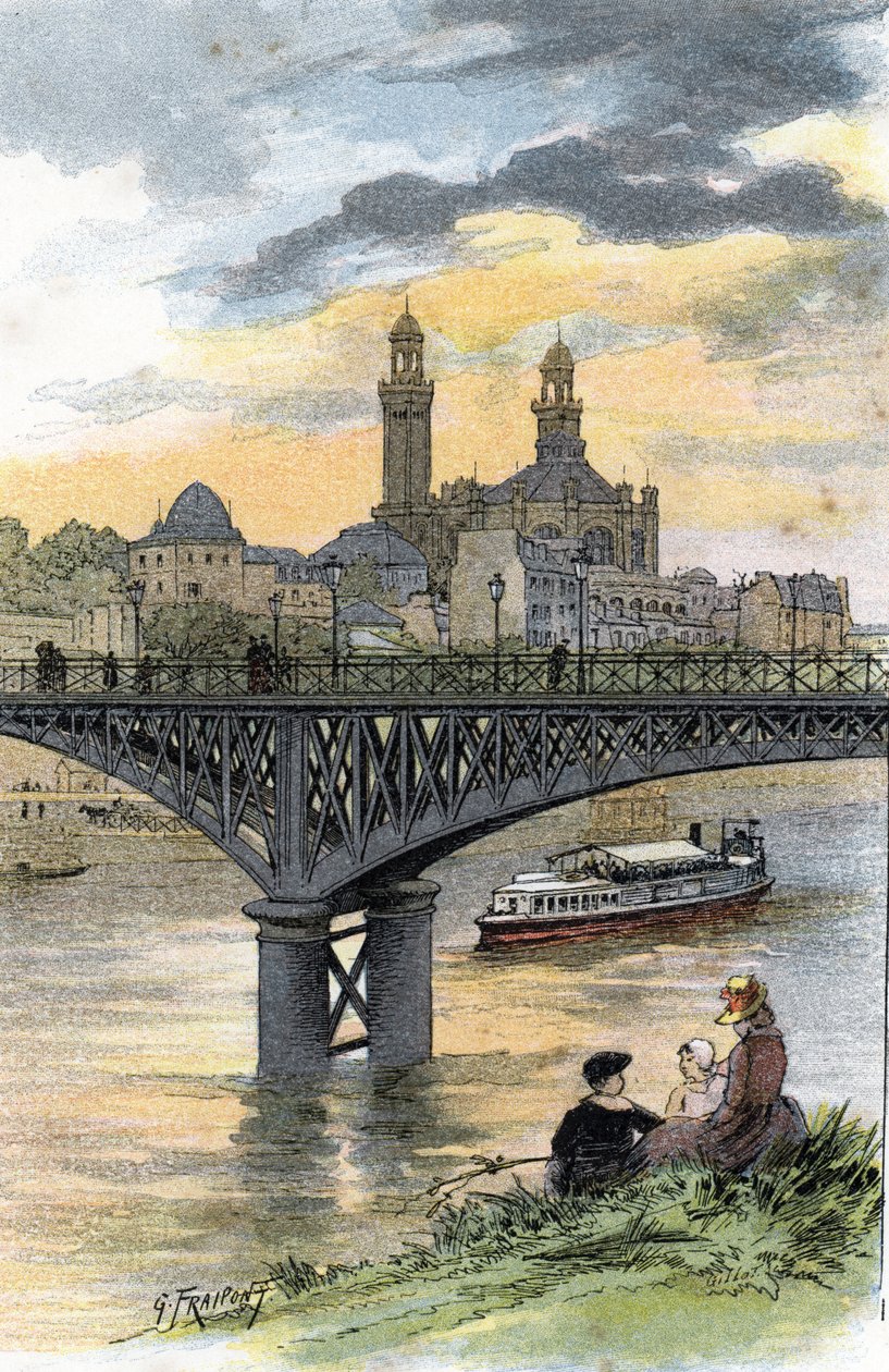 Paris'teki Passy yaya köprüsünün (şimdiki Bir Hakeim köprüsü) görünümü Saint-Juirs'tan Gustave Fraipont'un (1849-1923) çizimi by Gustave Fraipont