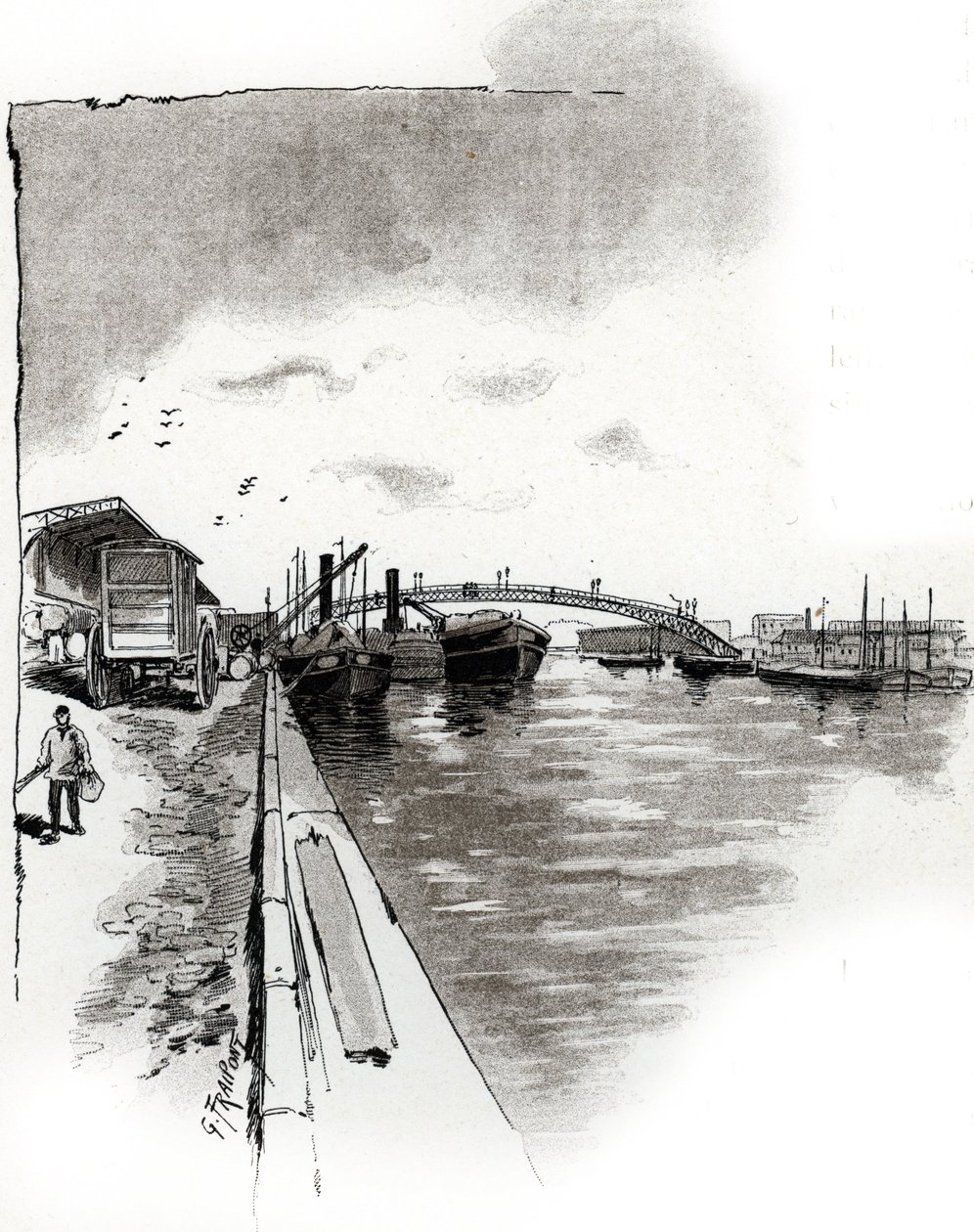 Canal de la Villette yaya köprüsünün görünümü, Paris (Canal de la Villette Yaya Köprüsü, Paris) Gustave Fraipont'un (1849-1923) çizimi, Saint-Juirs'in “La seine a travers Paris”inden alınmıştır. by Gustave Fraipont