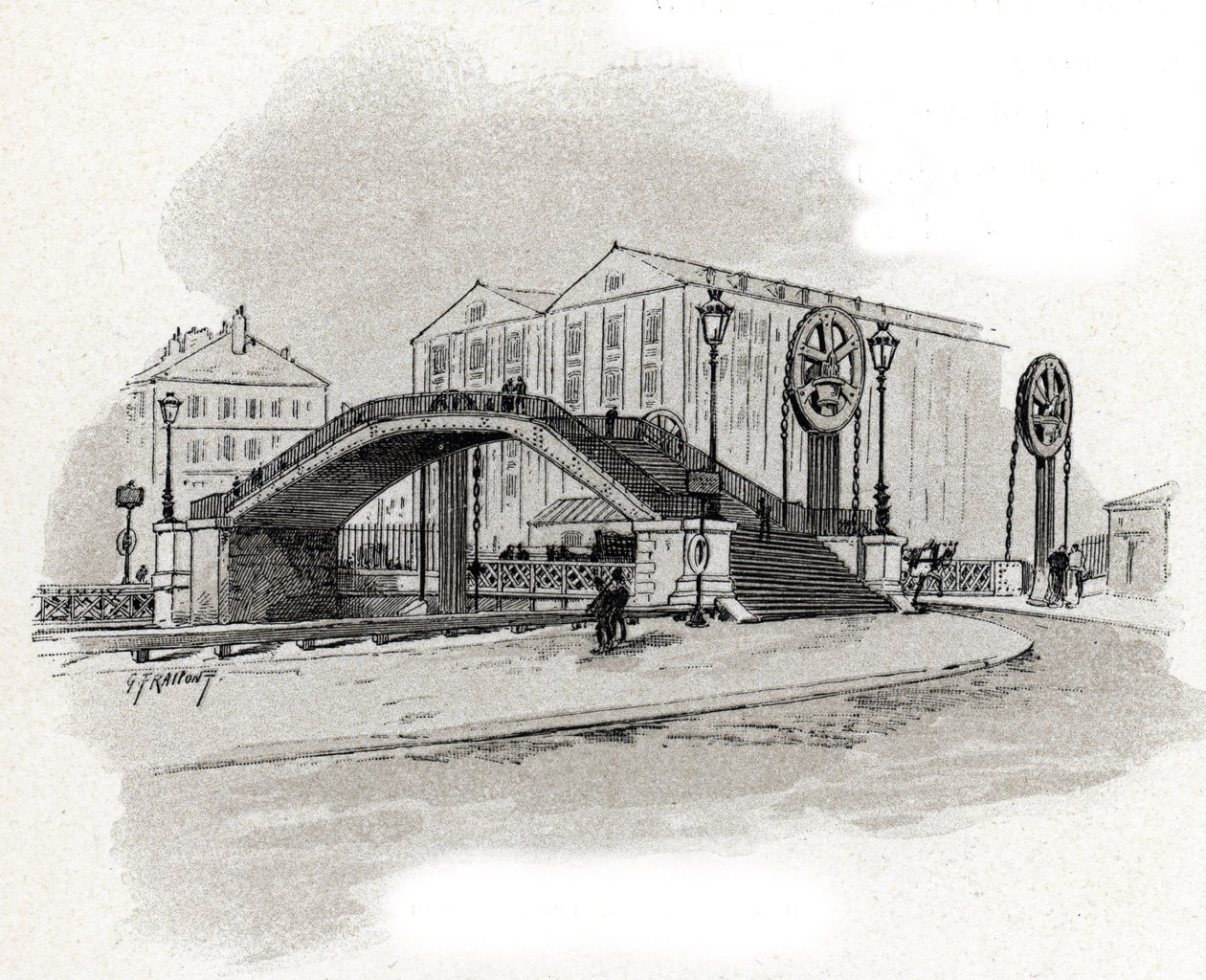 Rue de Crimee asansör köprüsünün görünümü, Bassin de l'ourcq Paris (Rue Crimee asansör köprüsünün görünümü, Canal de l'Ourcq, Paris) Gustave Fraipont'un çizimi (1849-1923) Saint-Juirs'den alınmıştır. by Gustave Fraipont
