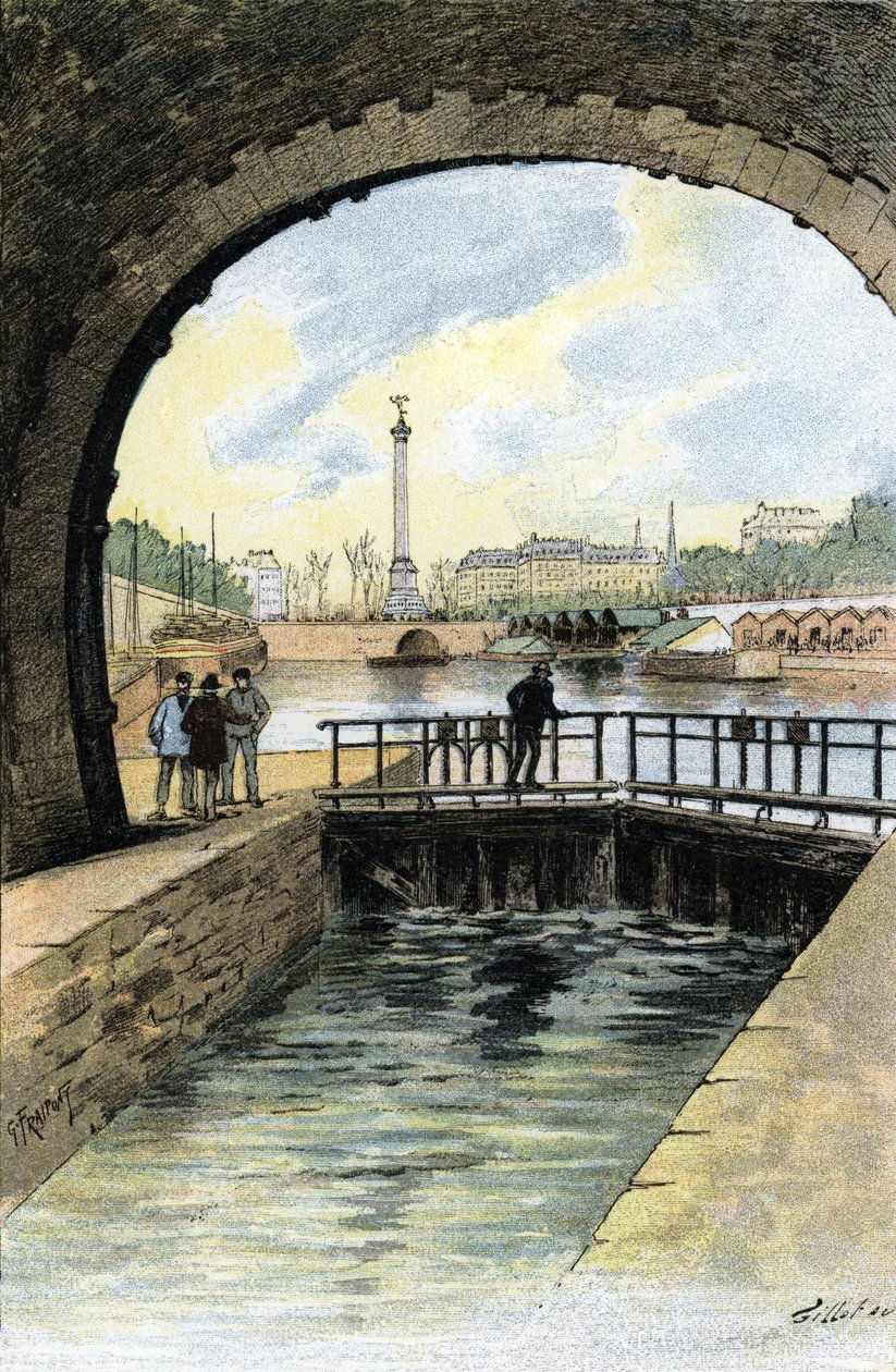 Paris'teki Canal Saint Martin kilidinin görünümü Saint-Juirs'in “La seine a travers Paris”inden Gustave Fraipont'un (1849-1923) çizimi by Gustave Fraipont
