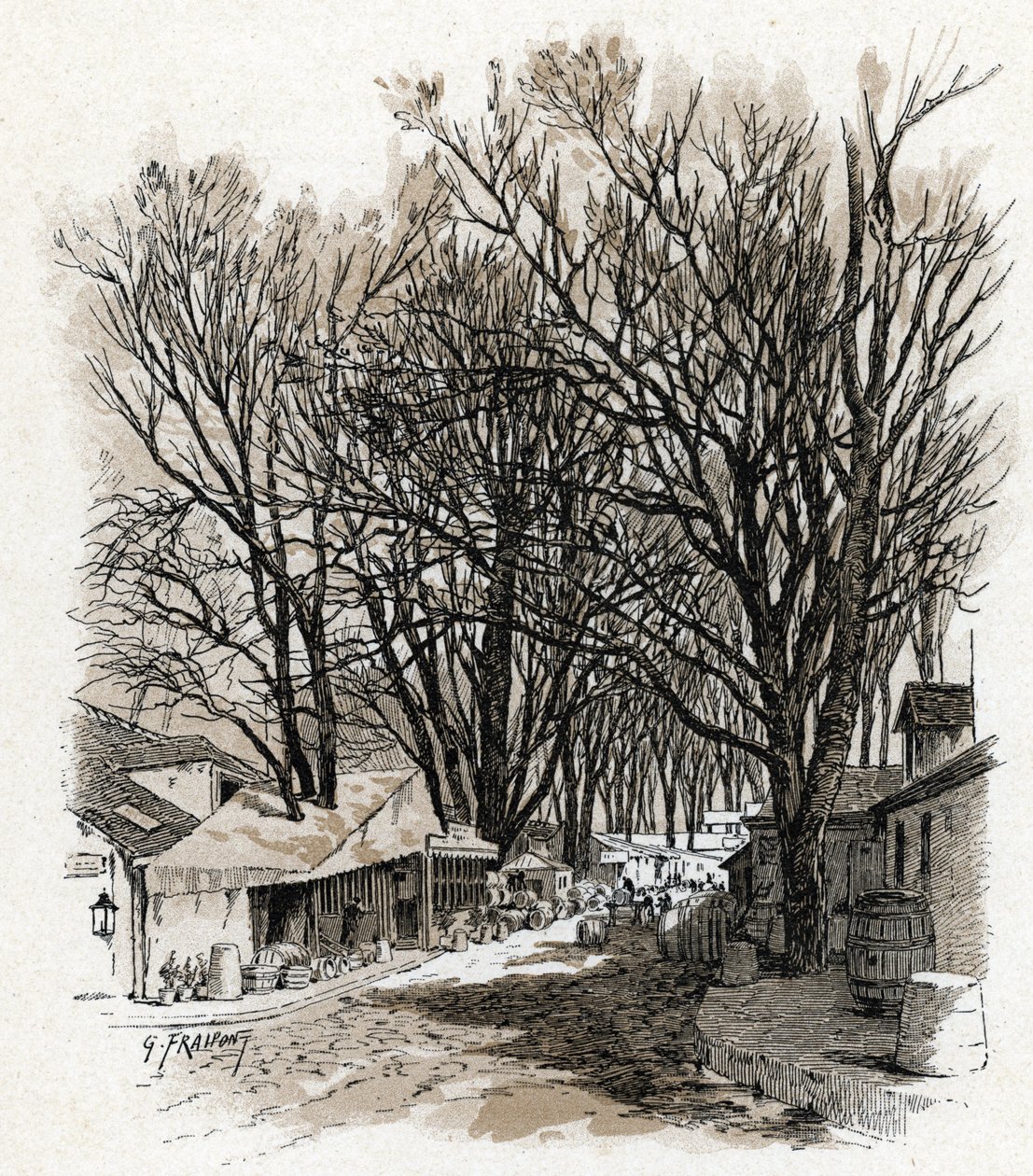 rue Leopold, bercy Paris'teki yeni deponun görünümü (bercy Paris'teki rue Leopold deposunun görünümü) Gustave Fraipont'un (1849-1923) çizimi, Saint-Juirs'in “La seine a travers Paris”inden alınmıştır. by Gustave Fraipont