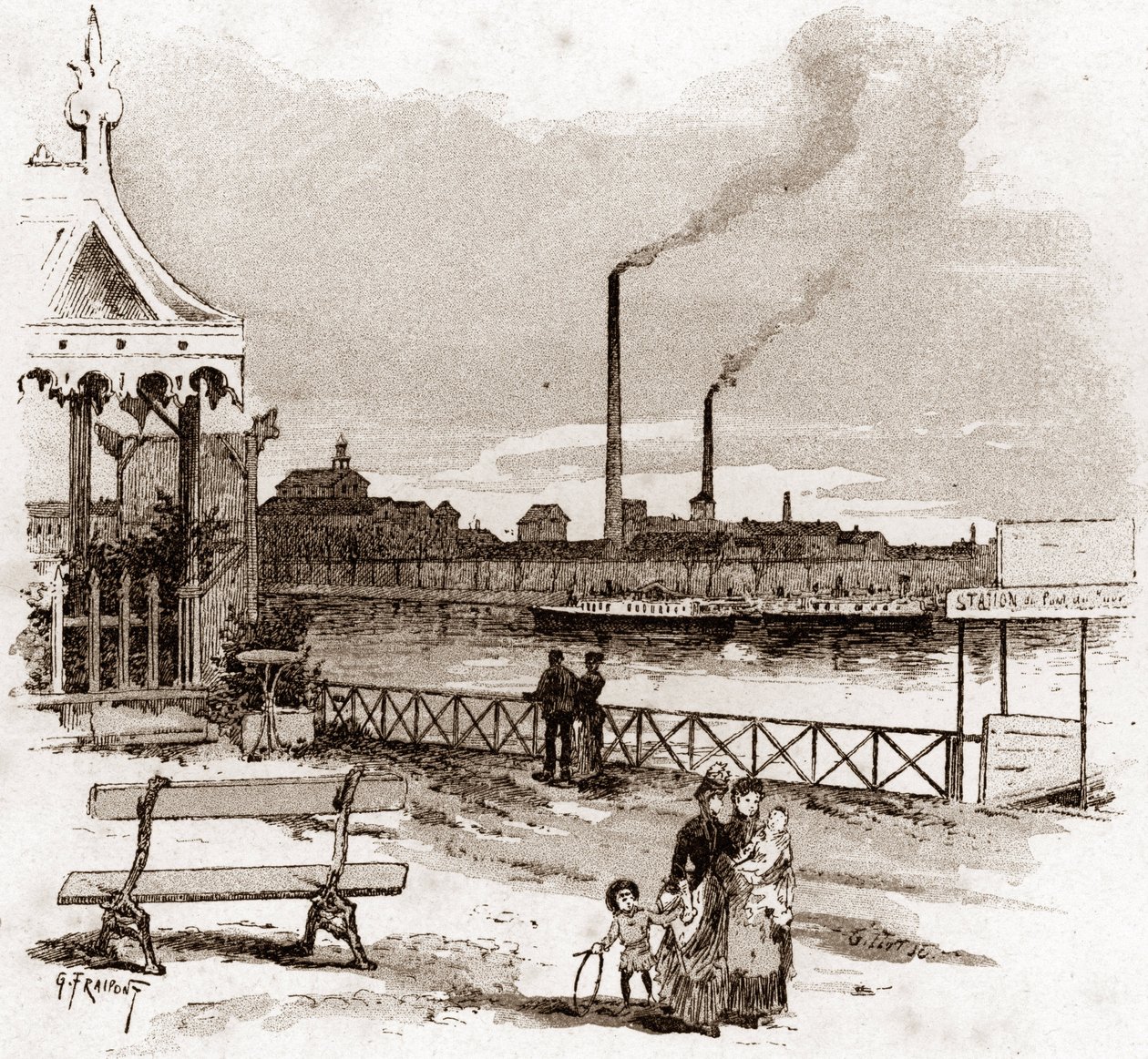 Paris'teki Javel rıhtımının görünümü, actuel quai André-Citroen (eski adıyla Javel rıhtımı olan Andre Citroen rıhtımının görünümü, Paris) Gustave Fraipont'un (1849-1923) çizimi, Saint- Jüriler by Gustave Fraipont