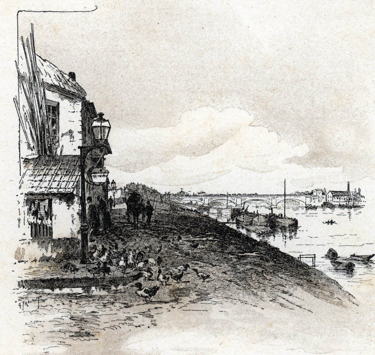 Rue des fauconniers yakınındaki rıhtımın görünümü Gustave Fraipont'un (1849-1923) çizimi, Saint-Juirs'in “La seine a travers Paris”inden alınmıştır. by Gustave Fraipont