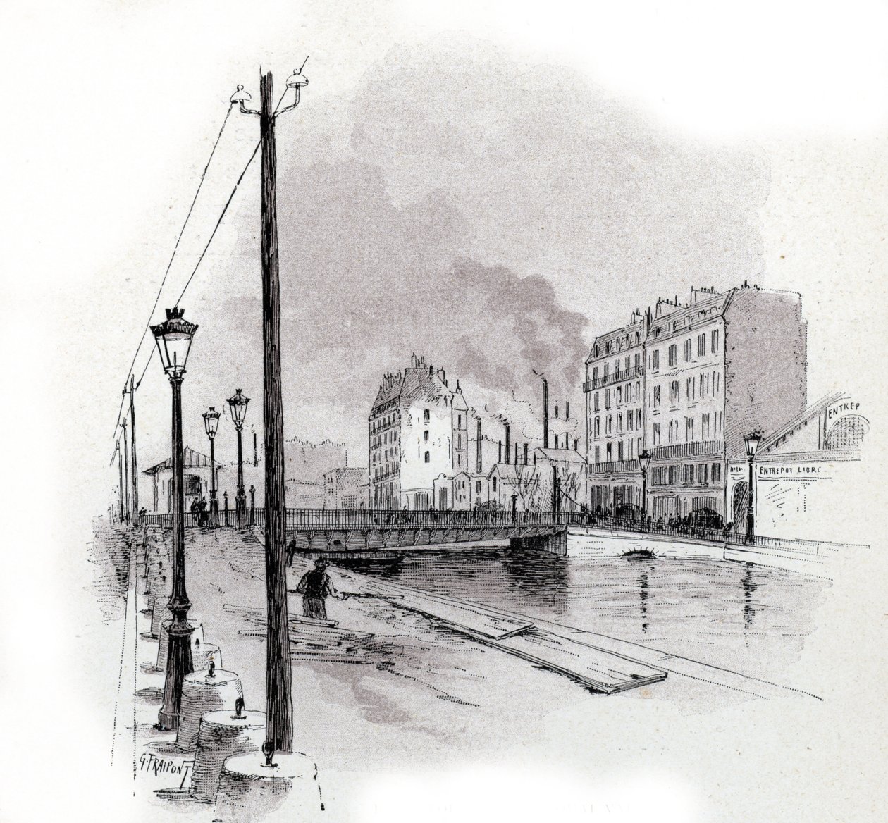 Saint Martin kanalındaki Valmy rıhtımı köprüsünün görünümü, Paris Saint-Juirs'tan Gustave Fraipont'un (1849-1923) çizimi by Gustave Fraipont