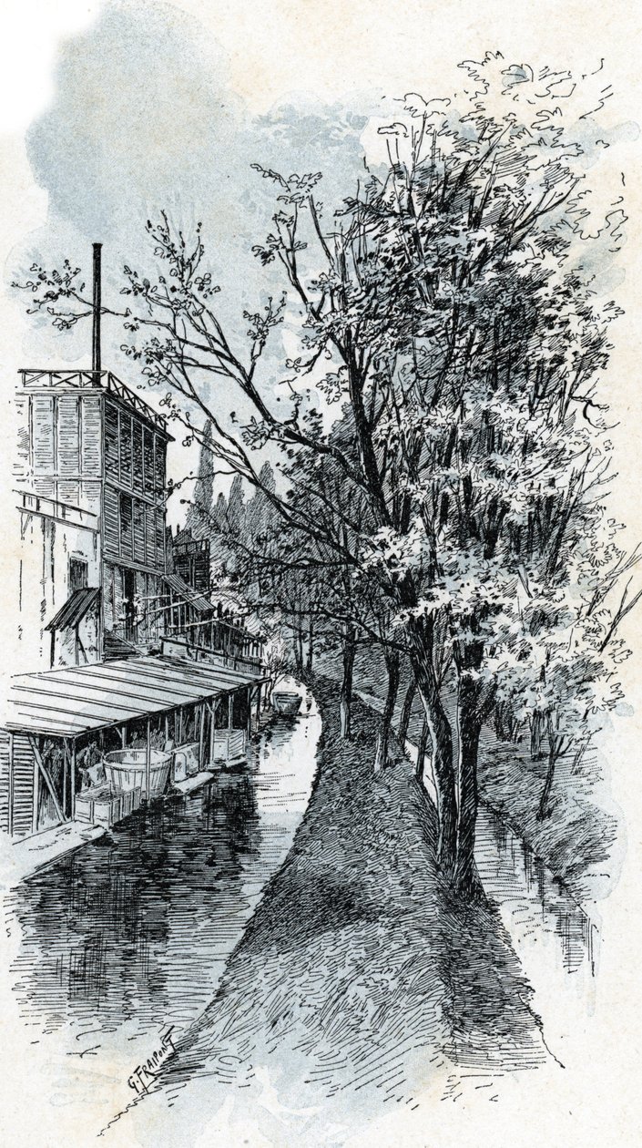 Paris Boulevard d'Italie'den iki Bievre nehrinin görünümü Gustave Fraipont'un (1849-1923) çizimi, Saint-Juirs'in “La seine a travers Paris”inden alıntı by Gustave Fraipont