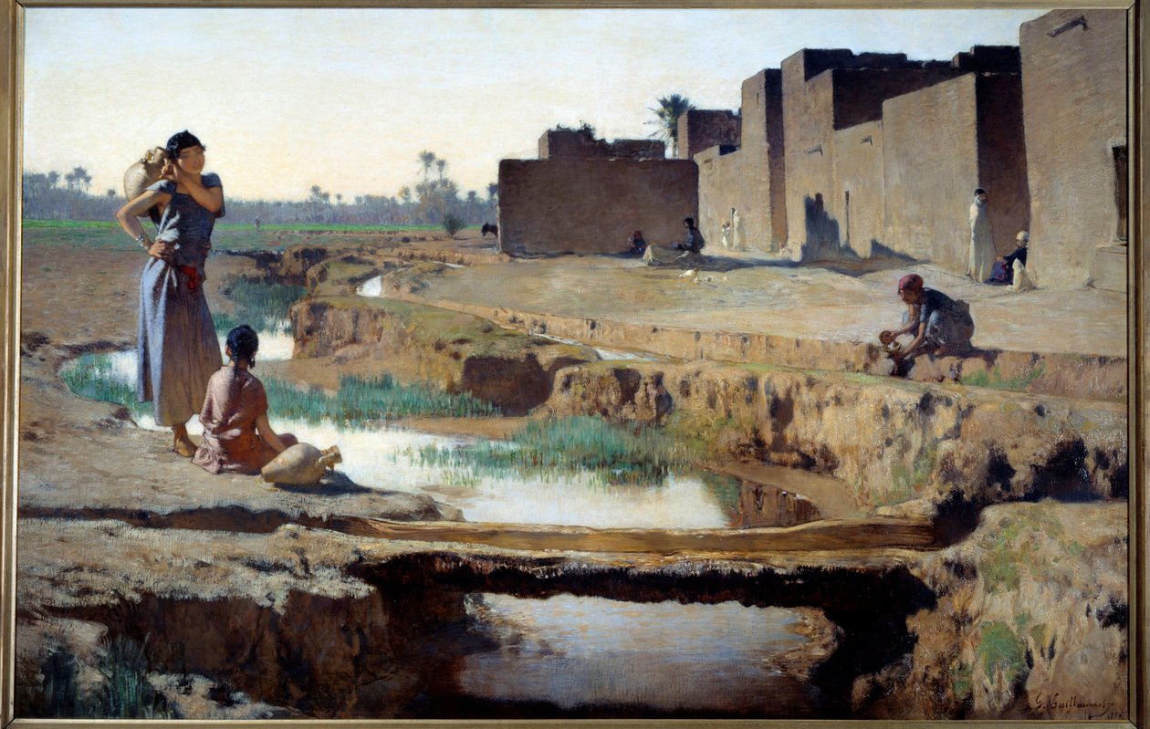 Oryantalizm: “” Biskra yakınlarındaki La Seguia””” Cezayir çölünde bir vahada nehirde su içen kadın ve çocuk. Gustave Achille Guillaumet (1840-1887) 1884 Güneş tarafından tablo. 1x1.5 m Paris, Orsay Müzesi by Gustave Guillaumet