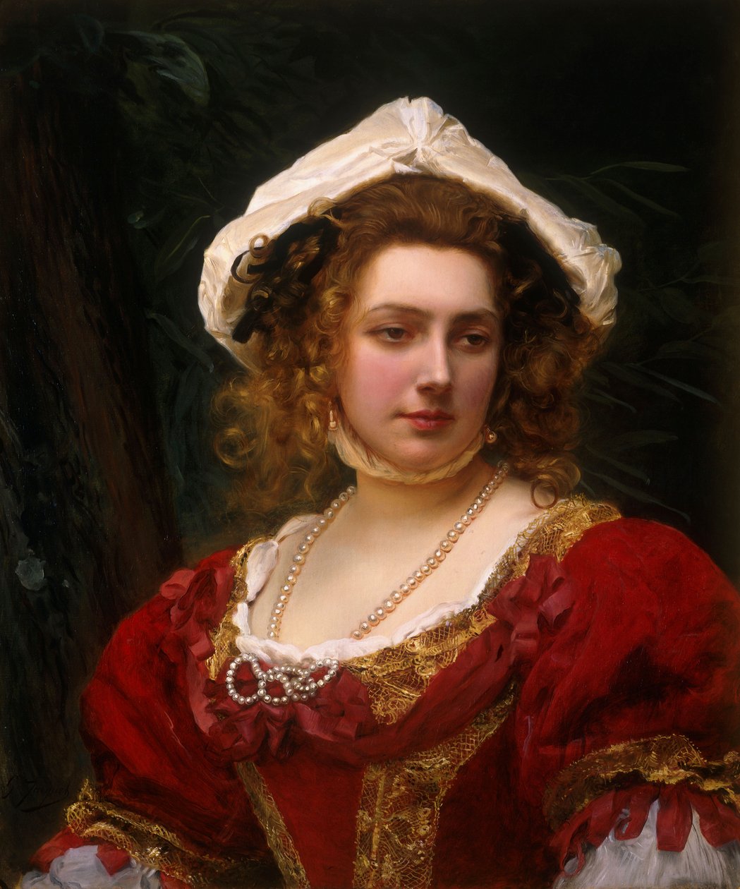 Kırmızı Kadife Elbiseli Zarif Bir Bayan Portresi by Gustave Jacquet