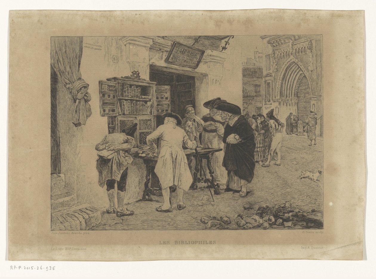 Adamlar bir kitapçı Les Bibliophiles'in (nesne üzerindeki başlık) sergisinin etrafında toplandılar. by Gustave Marie Greux