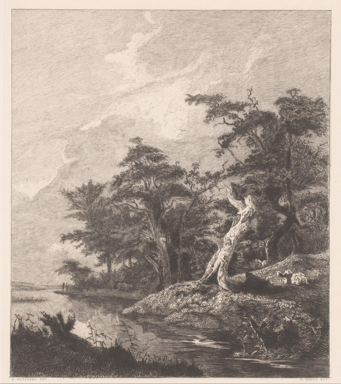 Bir ağaç kütüğünün yanında dinlenen bir çobanla nehir manzarası by Gustave Marie Greux