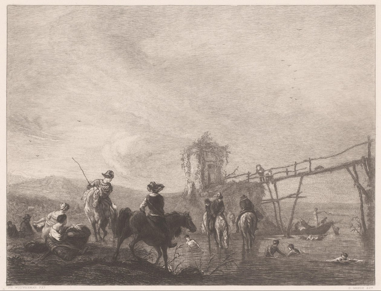 Bir bankada dinlenme ve yüzme figürleri Die pferdetränke (nesne üzerindeki başlık) by Gustave Marie Greux