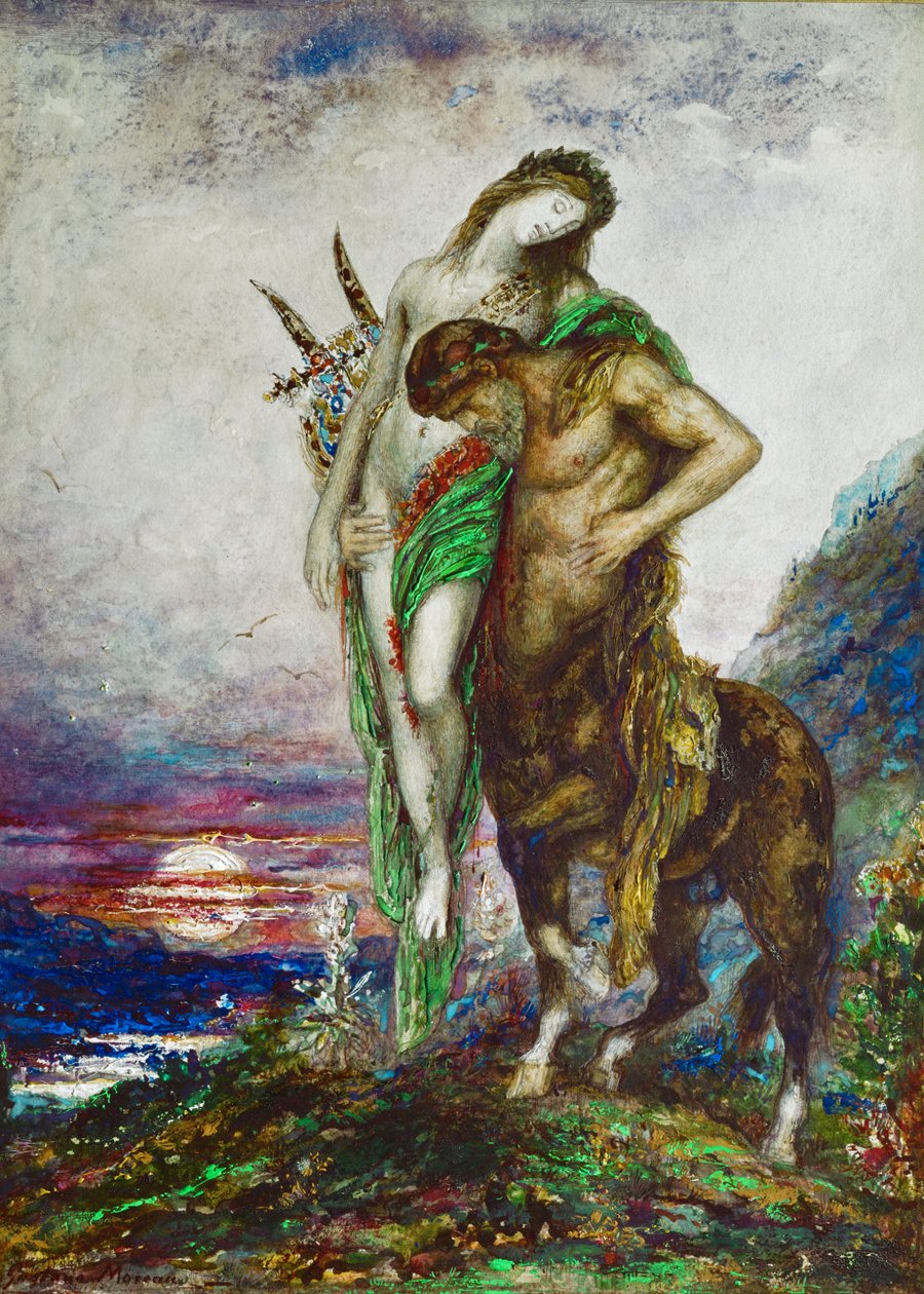 Bir Centaur tarafından taşınan ölü şair (tuval üzerine yağlıboya) by Gustave Moreau