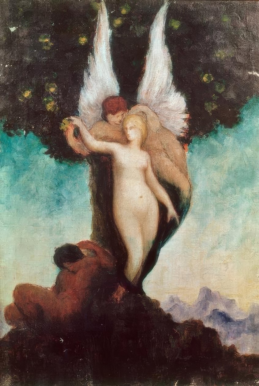Eski bir konu ile hayali sahne. w ile kanatlı ephebe by Gustave Moreau