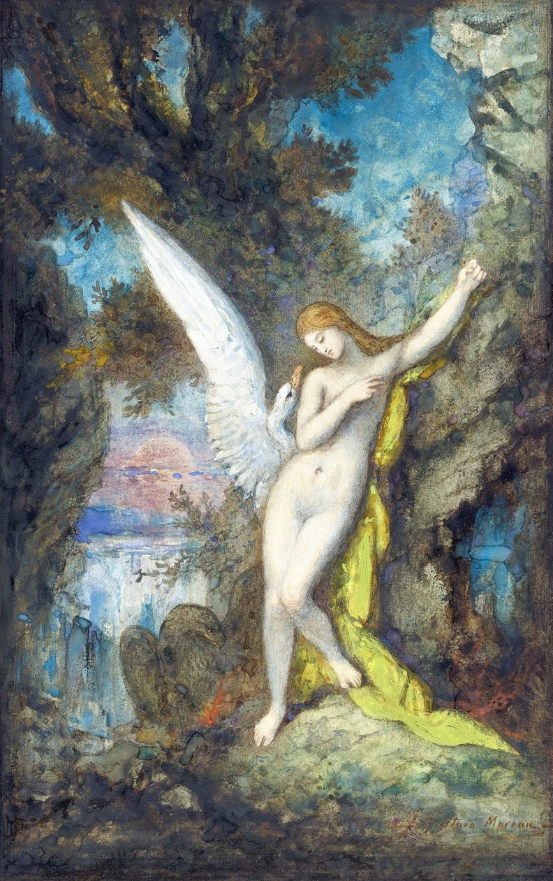 Leda and the Swan par Moreau, Gustave (1826-1898), - Suluboya, Kağıt üzerine guaj, 34,2x22,2 - Özel Koleksiyon by Gustave Moreau