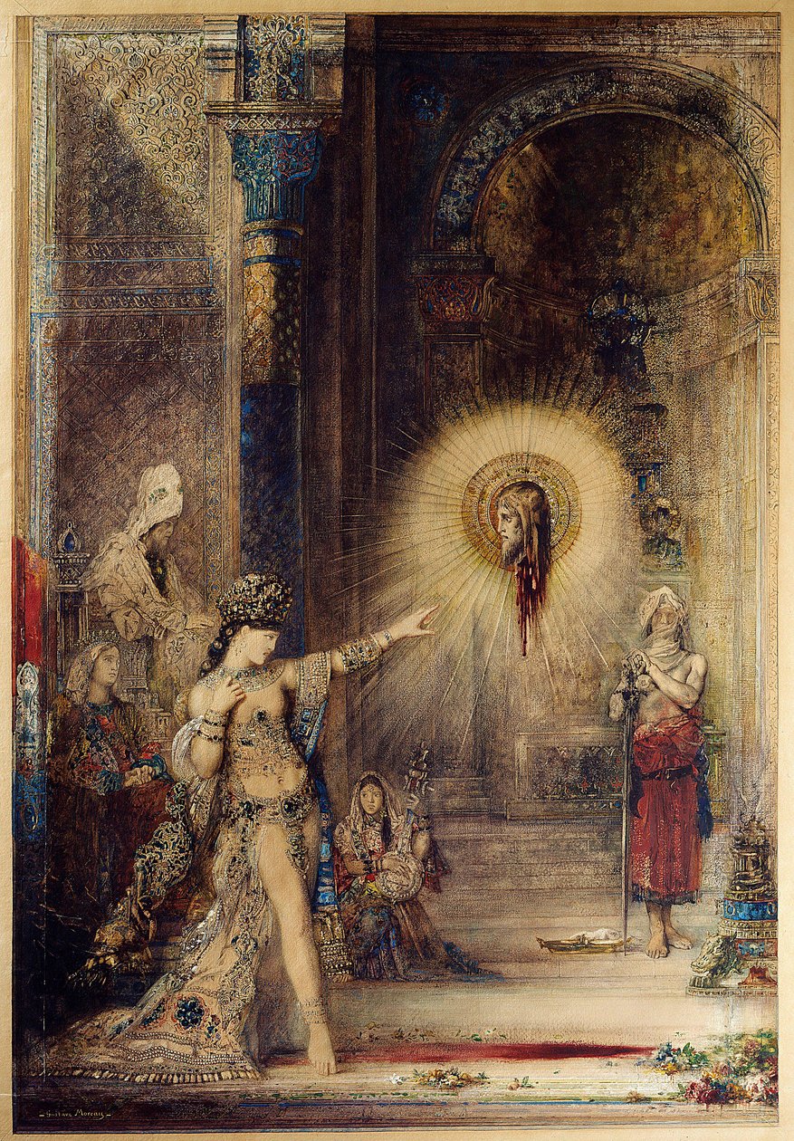 Jean Baptiste'nin La tete decollee görünümü, Büyük Herode I (MÖ 73-4) mahkemesinde dansçı Salome'nin önünde belirir. Gustave Moreau (1826-1898) 1876 Sun tarafından suluboya. 1,06 x 0,72 m. Paris, Musee d'Orsay by Gustave Moreau