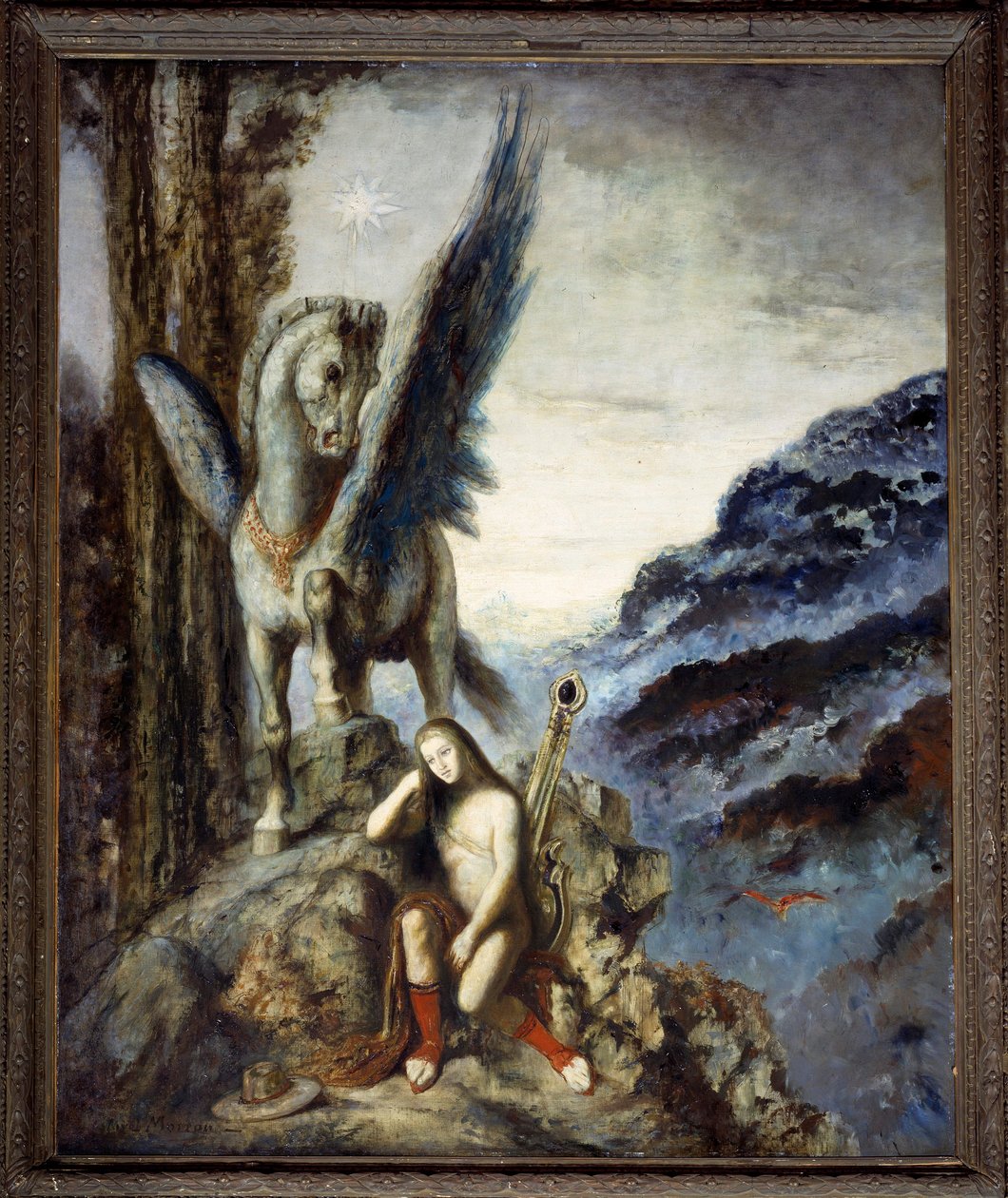 Gezgin şair Pegase at kanadının yakınında meditasyon yapan düşünceli bir gezgin. Gustave Moreau tarafından yapılan boyama by Gustave Moreau
