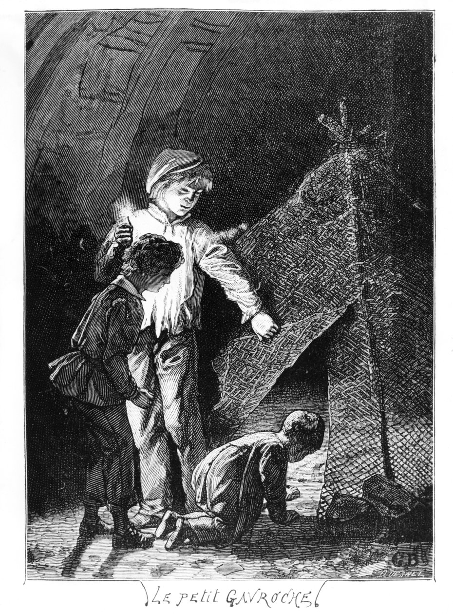 Gavroche ve İki Kardeşi Bastille Filinde, Sefiller (1845-62), Victor Hugo (1802-85), c. 1885 by Gustave after Brion