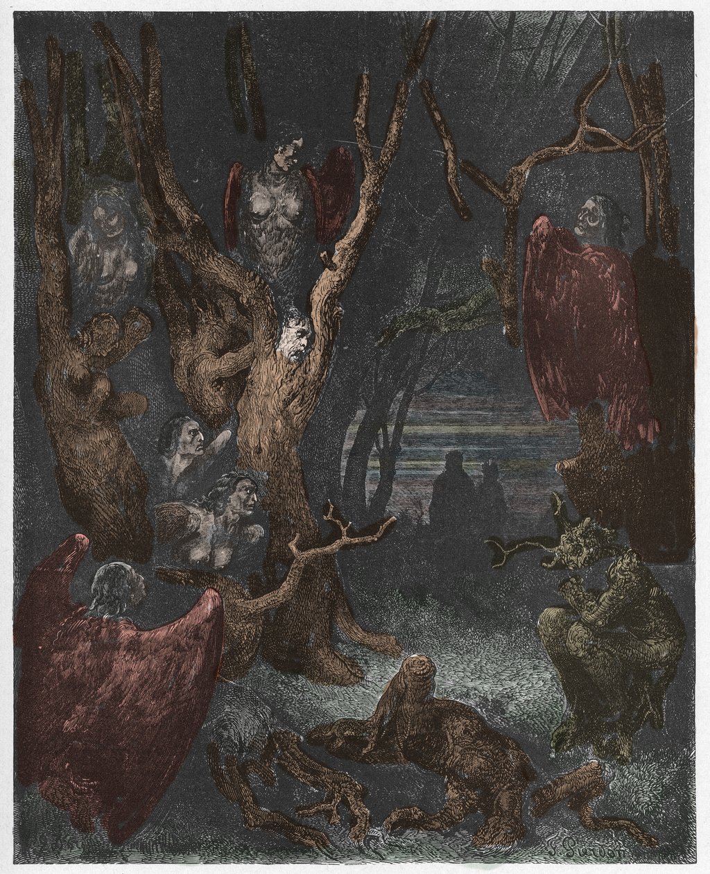Inferno, Canto 13: Sjálfsvígin flýja skóginn, mynd úr The Divine Comedy eftir Dante Alighieri, 1885 (stafrænt litað leturgröftur) i by Gustave after Dore