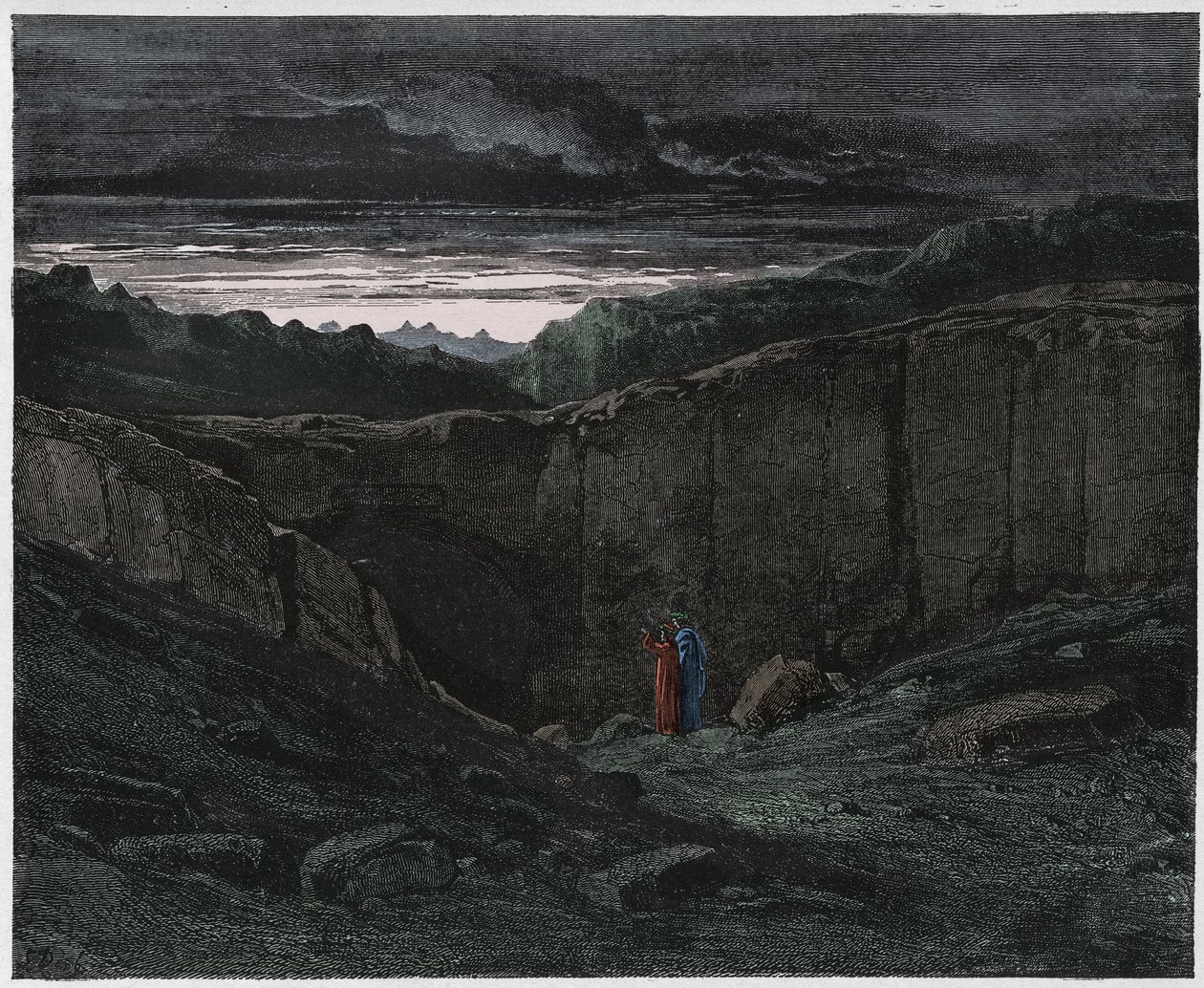 Inferno, Canto 3 : Virgil and Dante at the gates of Hell, illustration from The Divine Comedy by Dante Alighieri, 1885 (digitally coloured engraving) by Gustave after Dore