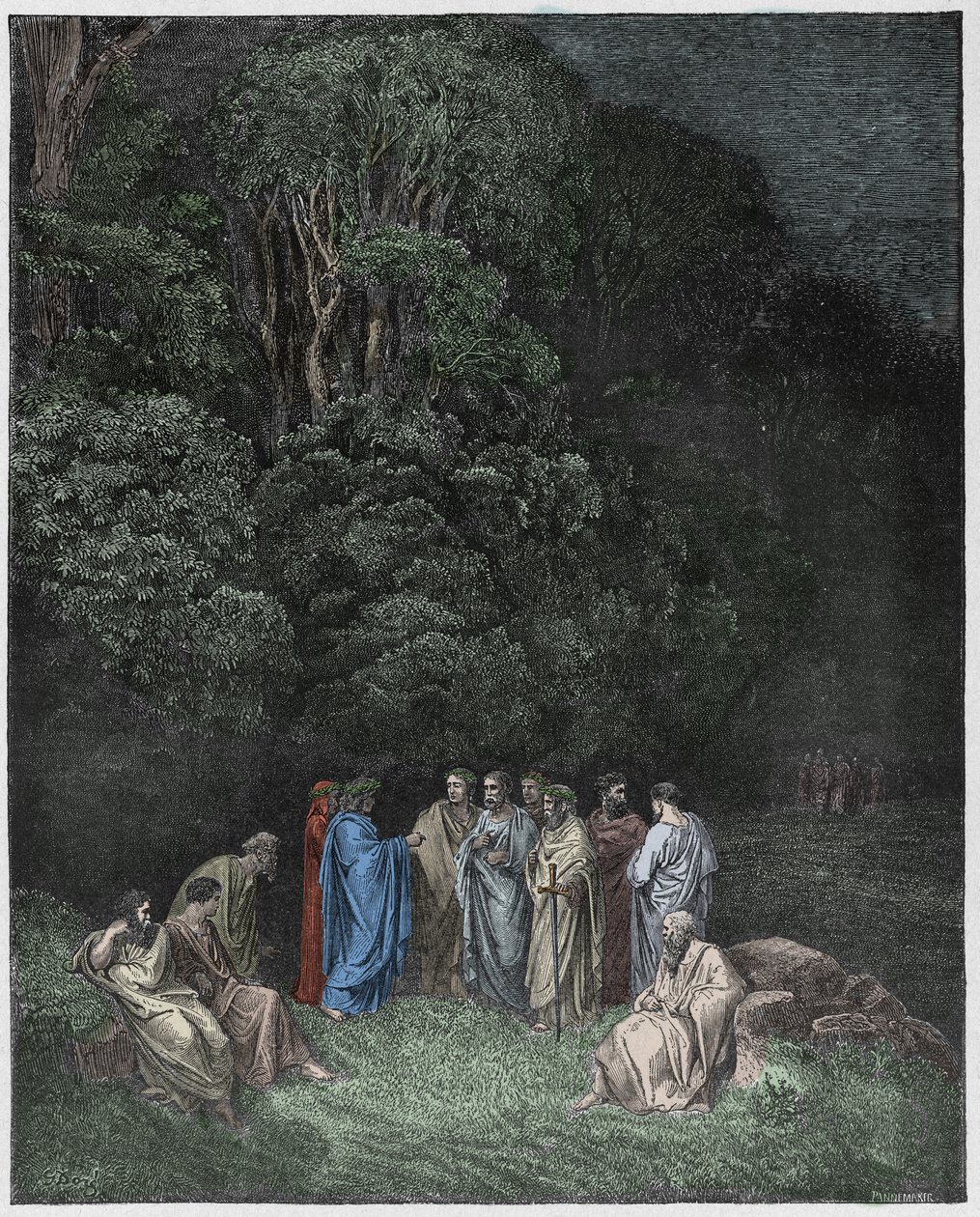 Inferno, Canto 4 : Homer, the poets, and heroes in Limbo, illustration from The Divine Comedy by Dante Alighieri, 1885 (digitally coloured engraving) by Gustave after Dore