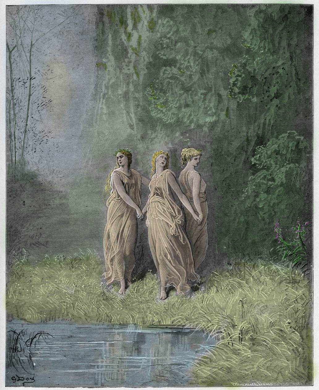Purgatorio, Canto 29 : Charity, Hope, and Faith, illustration from The Divine Comedy by Dante Alighieri, 1885 (digitally coloured engraving) by Gustave after Dore