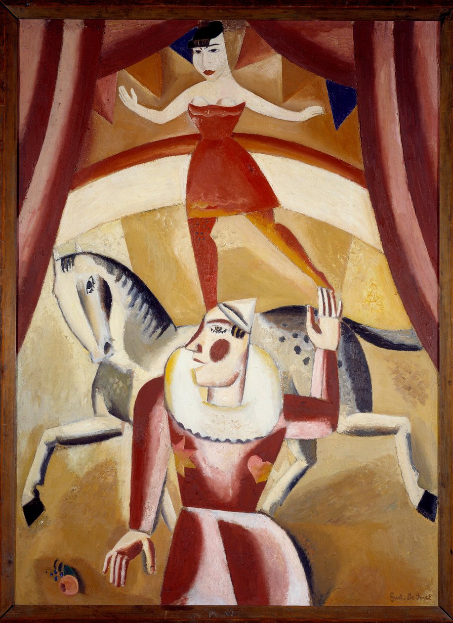 Sirk III Bir at üzerinde dengede bir akrobat Ecuyere ve bir sirk pistinde bir palyaço gösteri yapıyor. Gustave de Smet'in (1877-1943) 1926 Güneş tablosu. 1,3x1,1 m Grenoble, Musee des Beaux Arts Dikkat! Bu çalışmanın kullanımı üçüncü şahısların iznine  by Gustave de Smet