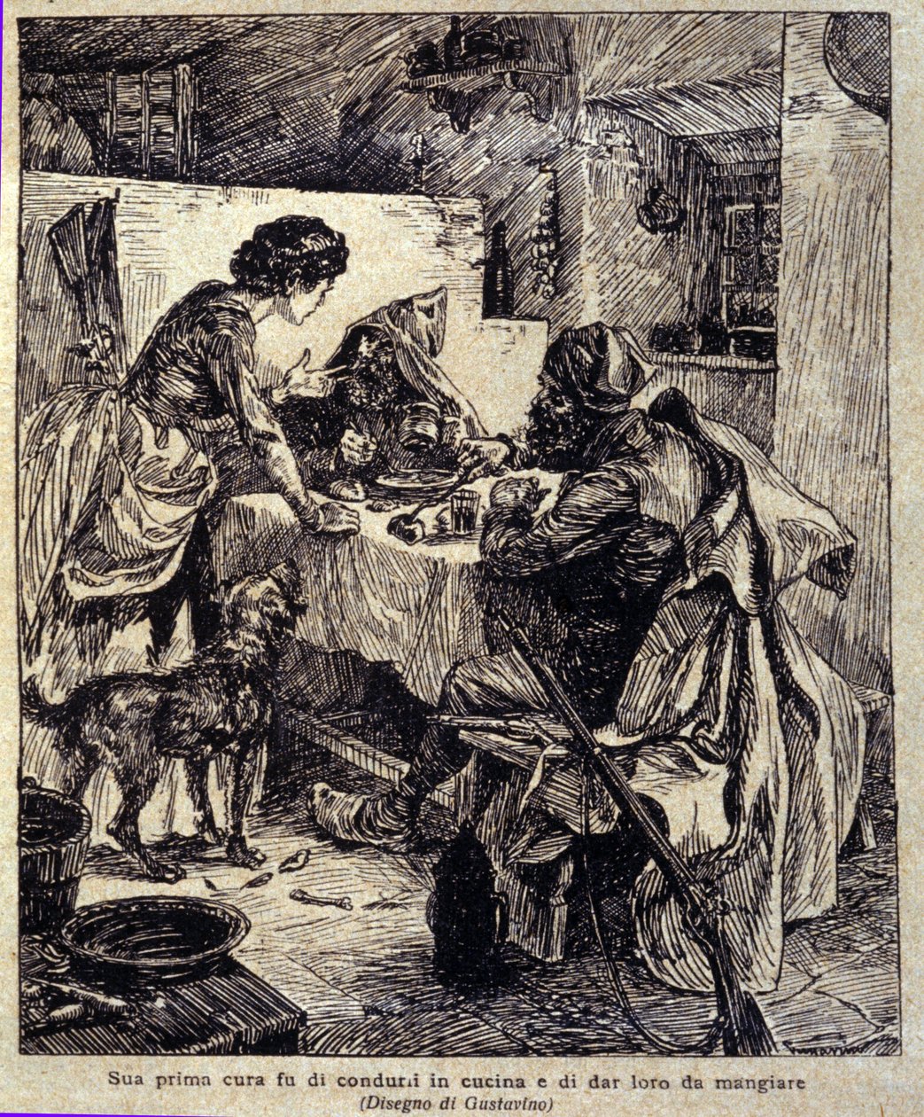 İlk kaygısı onları mutfağa götürüp beslemekti... Prosper Merimee tarafından yazılan yeni “” Colomba”nın illüstrasyonu. 1915 dolaylarında Gustavino (Gustavo Rosso) (1881-1950) tarafından gravür by Gustavo Gustavino Rosso