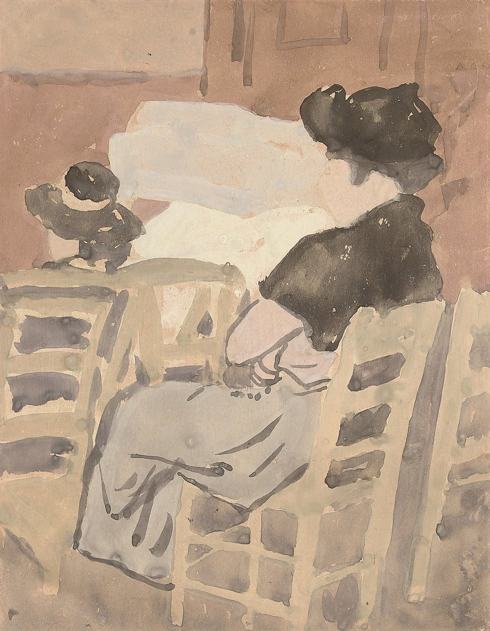 Kilisenin iç kısmında bir kadın ve genç bir kız (kağıt üzerine suluboya) by Gwen John
