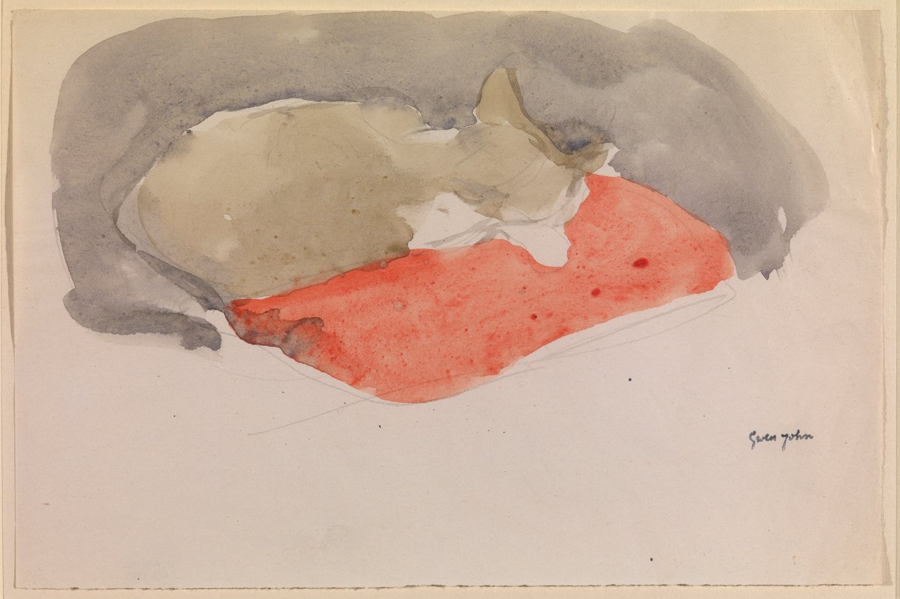 Kırmızı Yastık Üzerinde Uyuyan Kedi (kağıt üzerine guaj ve kurşun kalem) by Gwen John